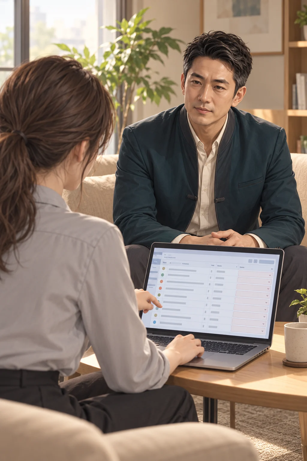 — Yujin shows Baekho the task list and blank field for the next person responsible on her laptop screen.