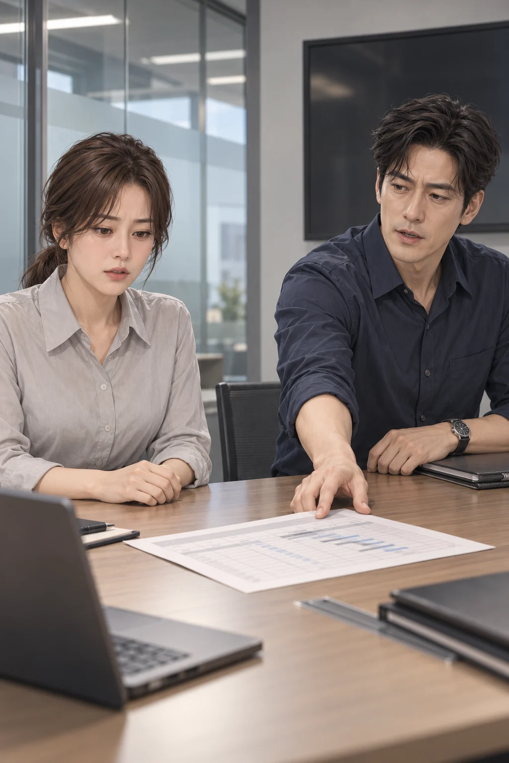 — The Team Leader turns the handover schedule on the meeting table toward Yujin.