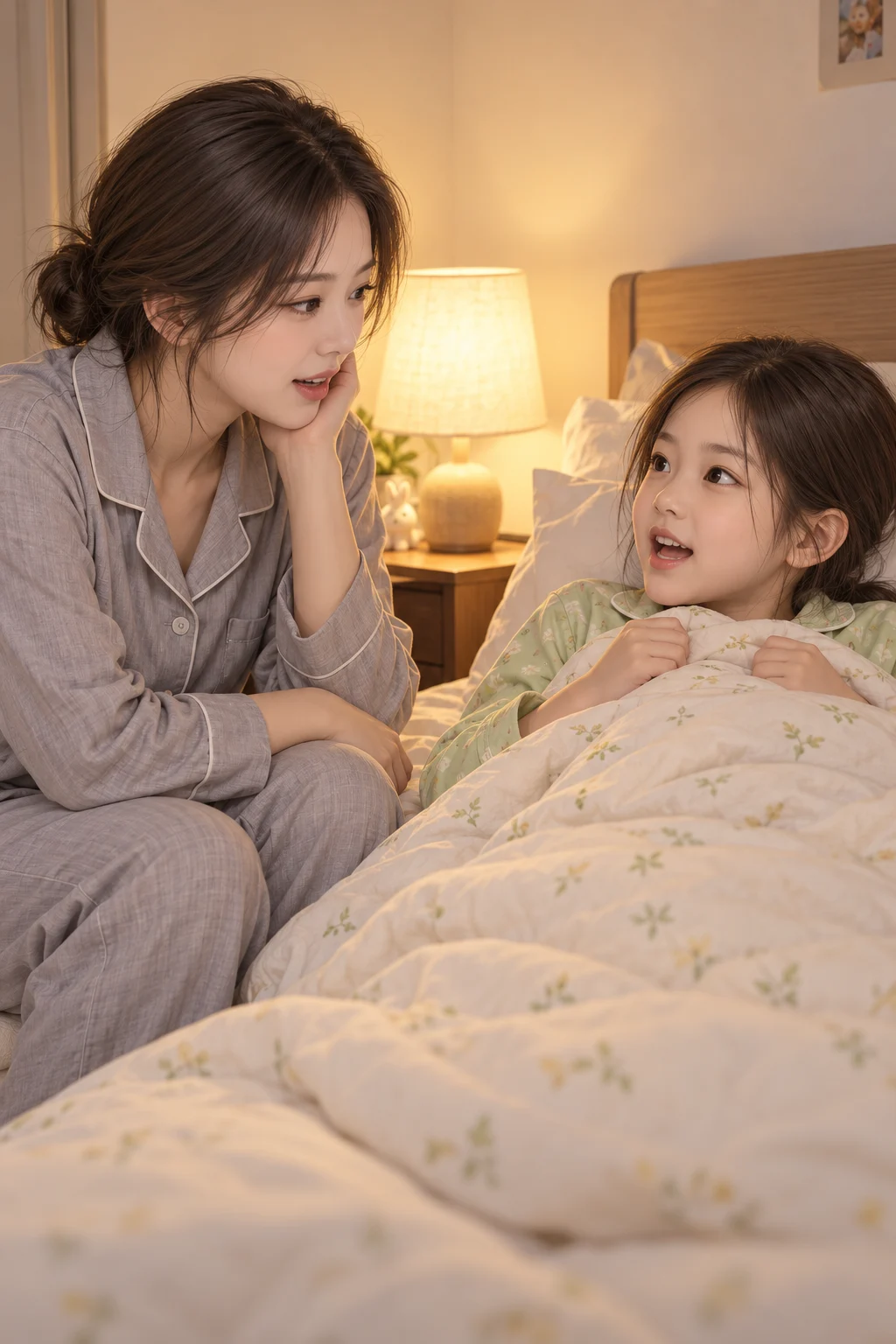 What I Did Today — With the blanket pulled up to their chin, Child looks at Minjeong and tells her what they tried on their own today. Minjeong sits beside the bed and looks at Child.