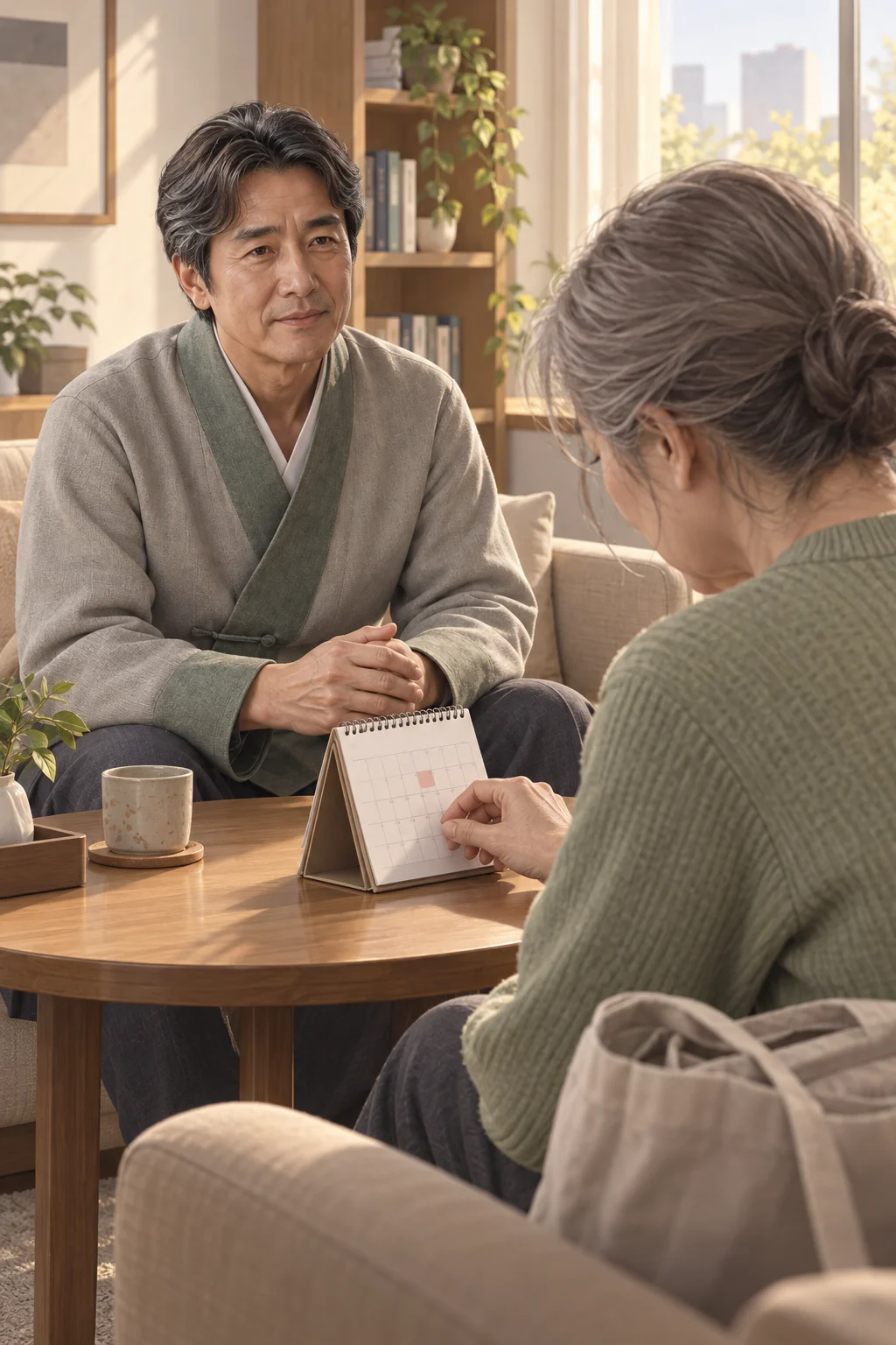 날짜를 정한 사람 — 미정이 탁자 위 작은 달력을 손끝으로 돌리고, 온유 선생은 맞은편에서 듣는다.