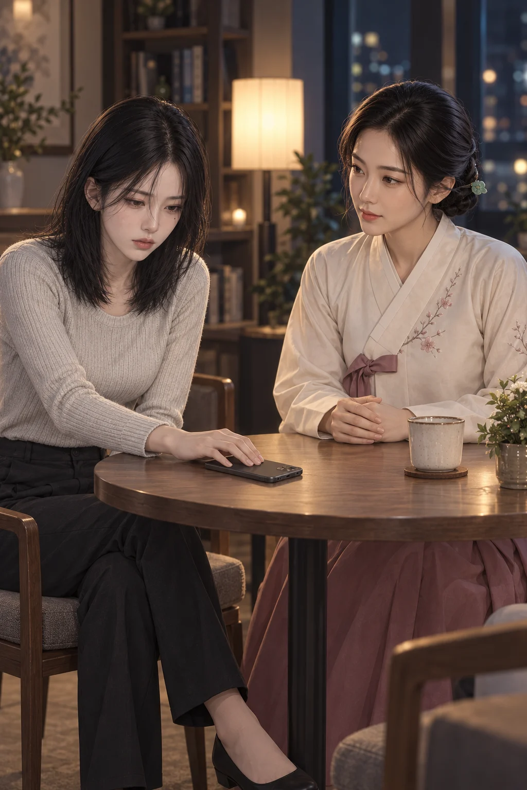 말보다 먼저 — 지우가 전날 식탁 사진을 띄운 휴대전화를 테이블 위에 놓았다가 화면을 아래로 뒤집는다. 연화 신녀는 사진을 다시 보라고 재촉하지 않고 지우를 바라본다.