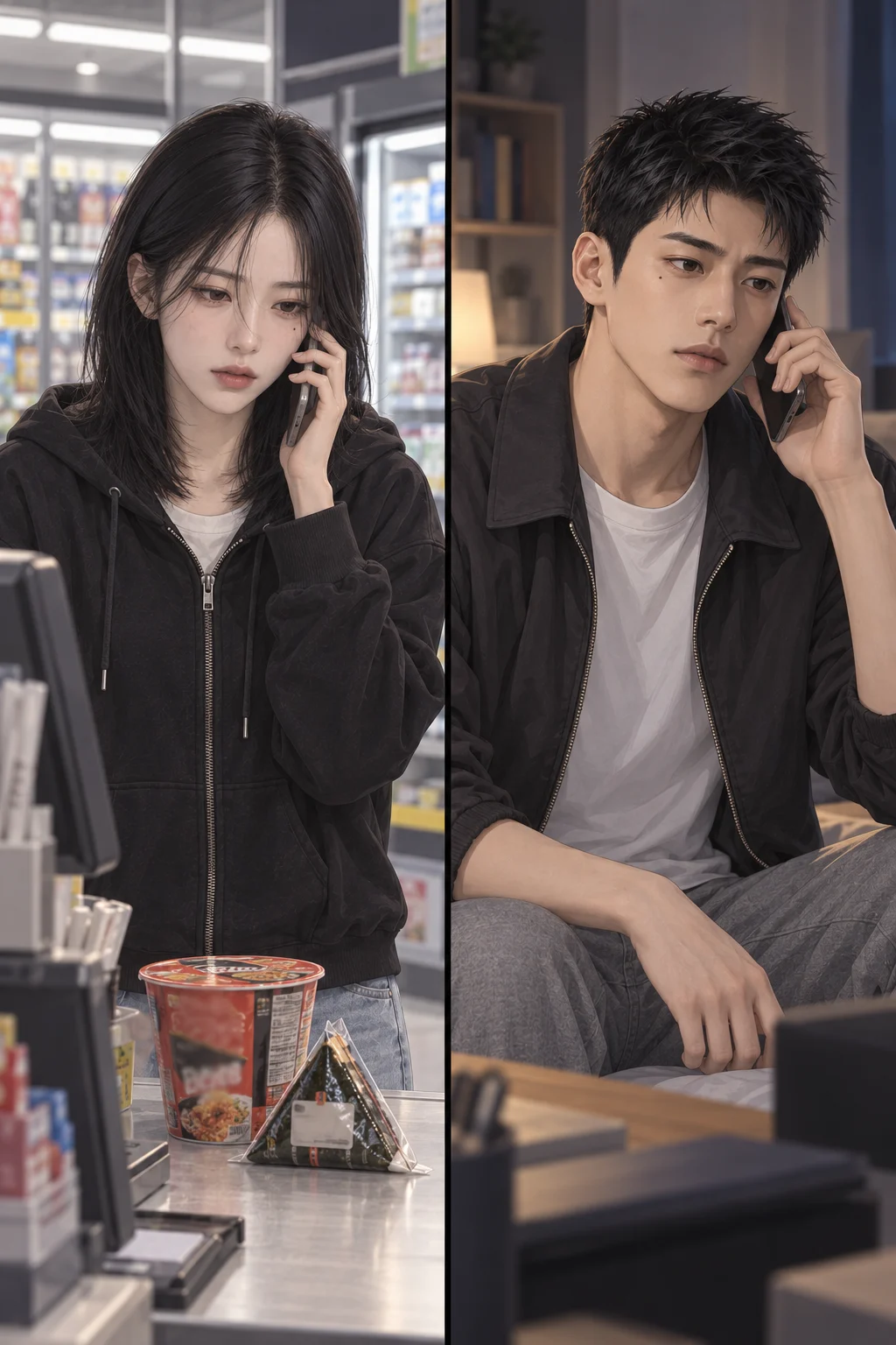 또 바뀐 저녁 — 지우가 컵라면과 삼각김밥을 계산대에 올려놓은 채 통화한다. 현우는 다시 약속을 바꾸고, 지우는 물건을 치우지 않는다.