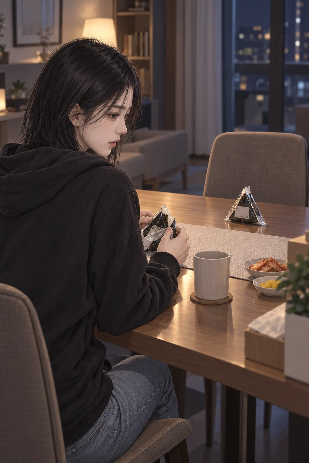 남은 한 봉지 — 지우가 식탁 위에 삼각김밥 두 개를 올린 뒤 자기 앞의 하나만 뜯고, 다른 하나는 맞은편에 그대로 둔다.