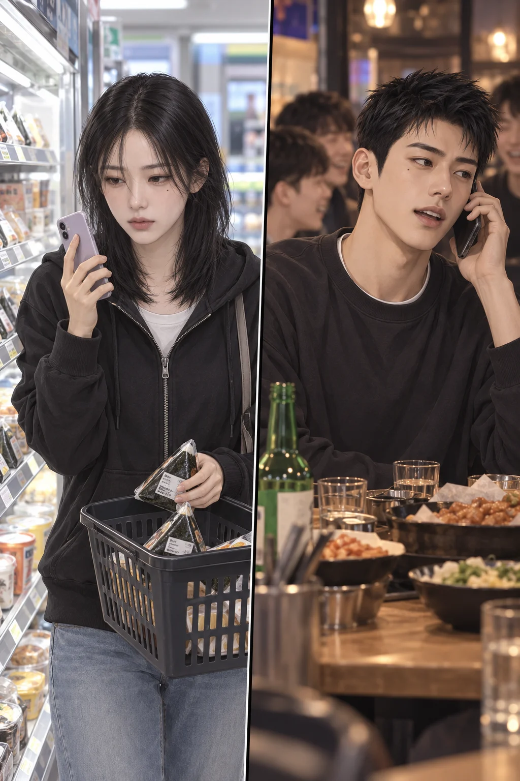 두 개를 집은 밤 — 지우가 삼각김밥 두 개를 집어 바구니에 넣는다. 현우의 목소리는 전화 너머에서 약속을 바꾼다.