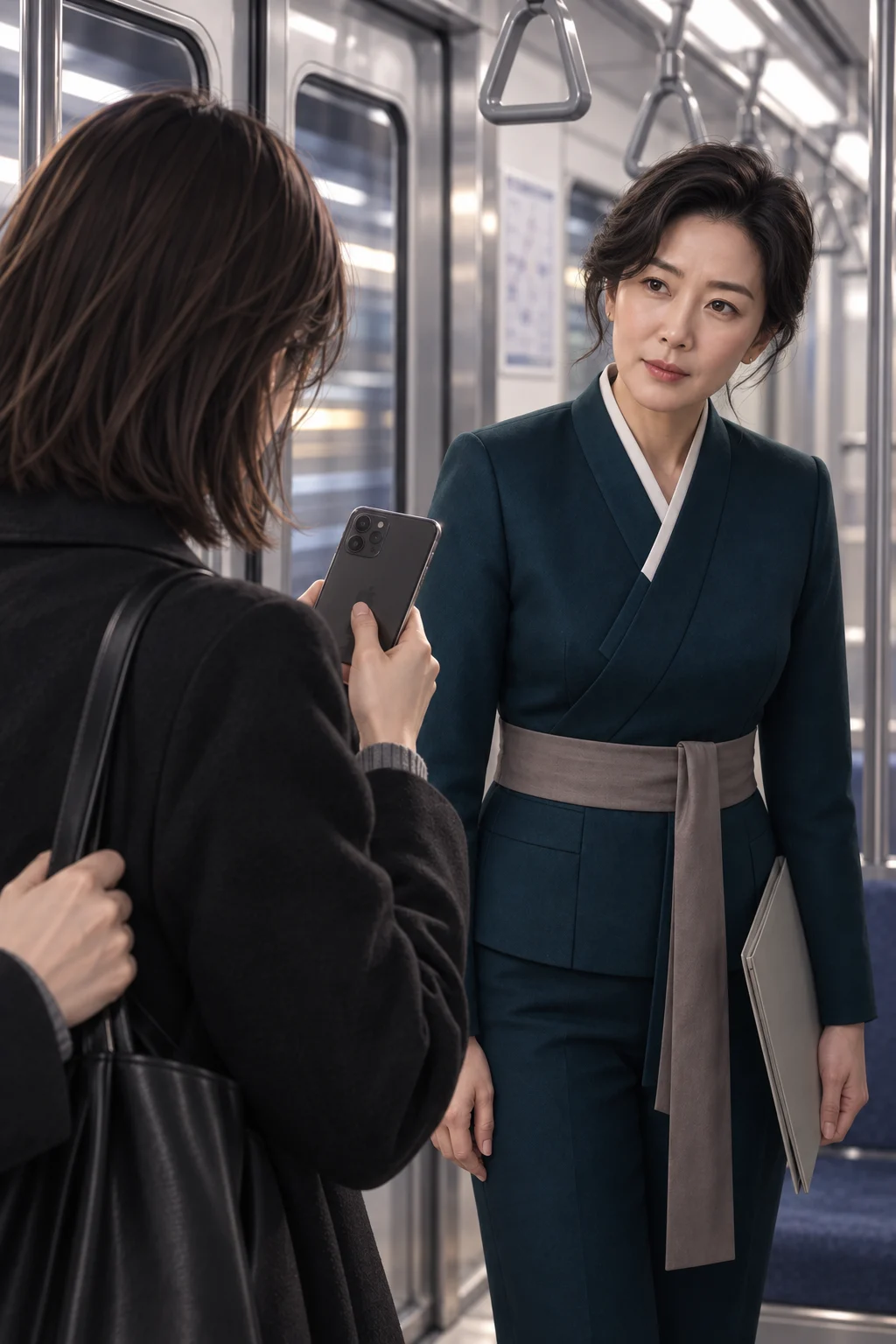 닫아도 남은 화면 — 유나가 휴대전화 화면을 아래로 내린 뒤에도 엄지손가락을 화면 가장자리에 걸쳐 두고 있어요. 수호 선생은 유나의 맞은편에서 휴대전화 대신 유나를 바라보며 한 가지를 물어요.