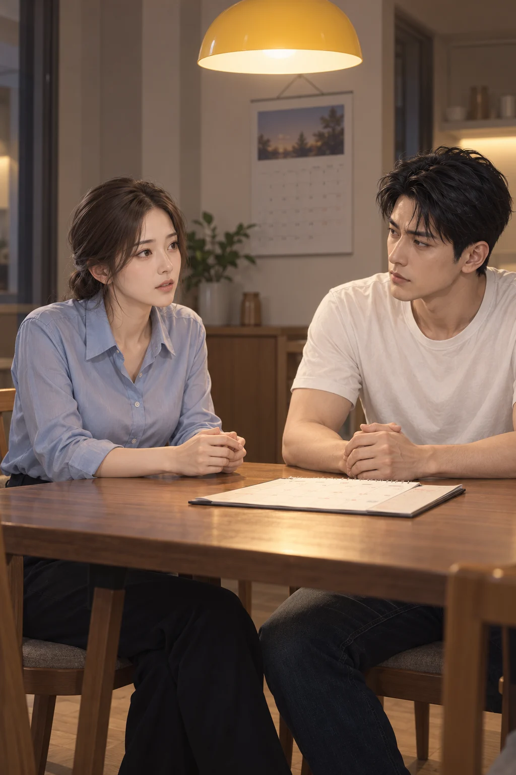 식탁 앞에서 — 지연이 식탁 앞에서 남편을 바라보며 면접을 봤다고 말한다.