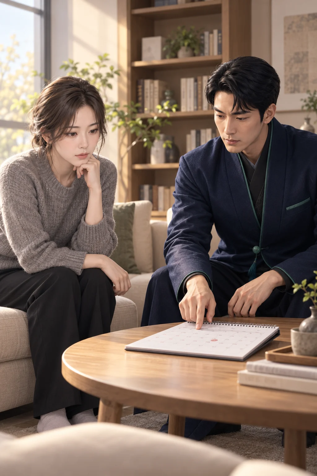 조건을 나란히 — 도원 도사가 탁자 위에 놓인 달력을 가리키며 지금 정해진 일과 결과를 기다려야 하는 일을 나눠 묻는다.