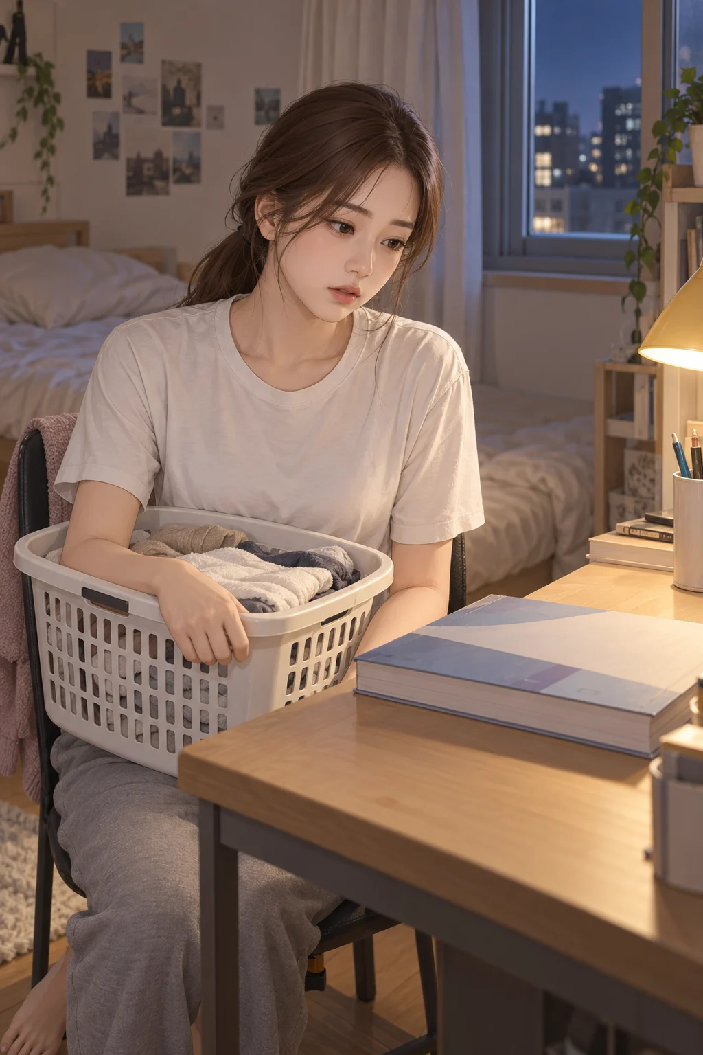 — 유진이 접은 빨래를 바구니에 담은 채 책상 앞에 앉아 덮인 문제집을 바라본다.