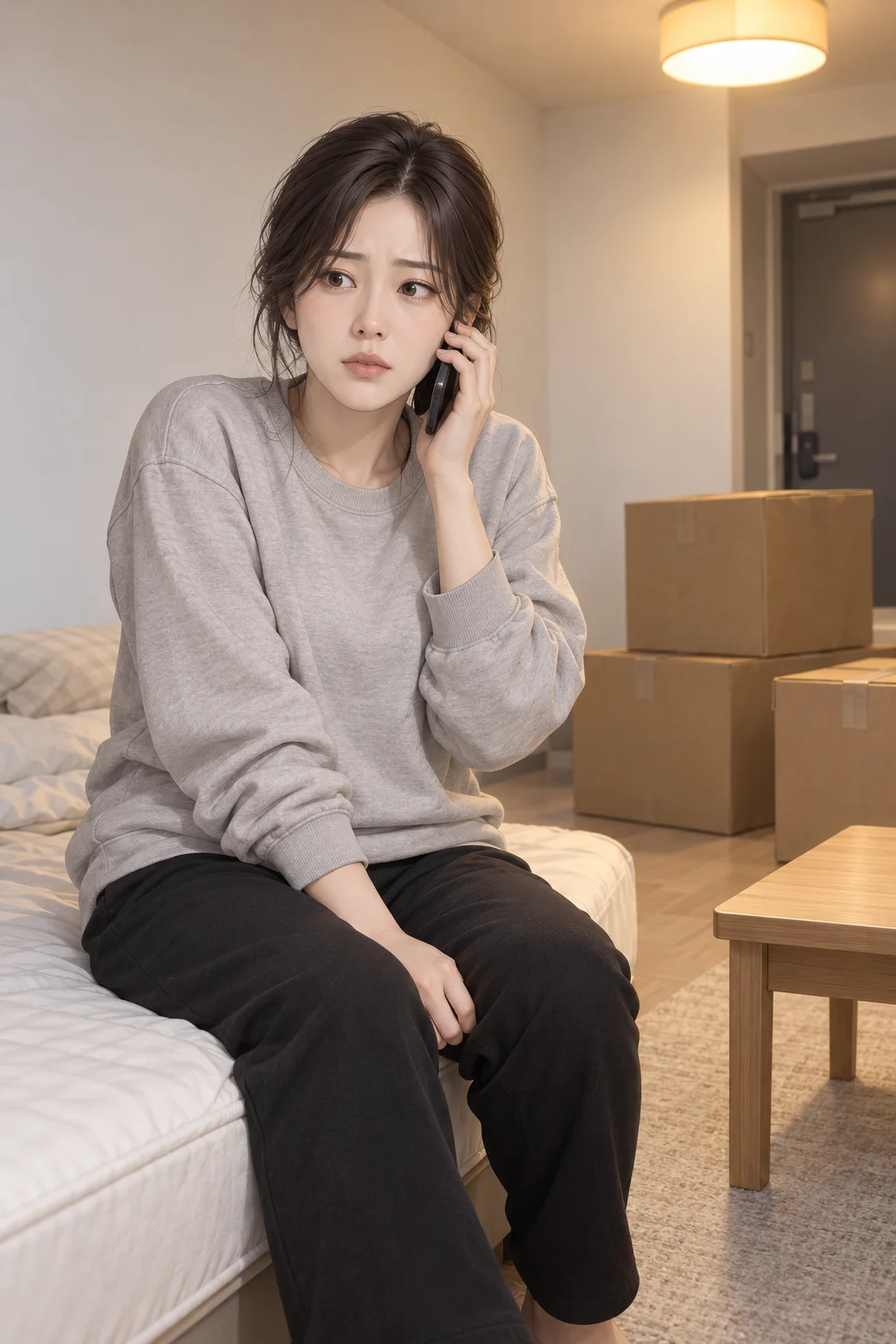 엄마의 전화 — 수현이 매트리스 가장자리에 앉아 휴대전화를 귀에 댄다.