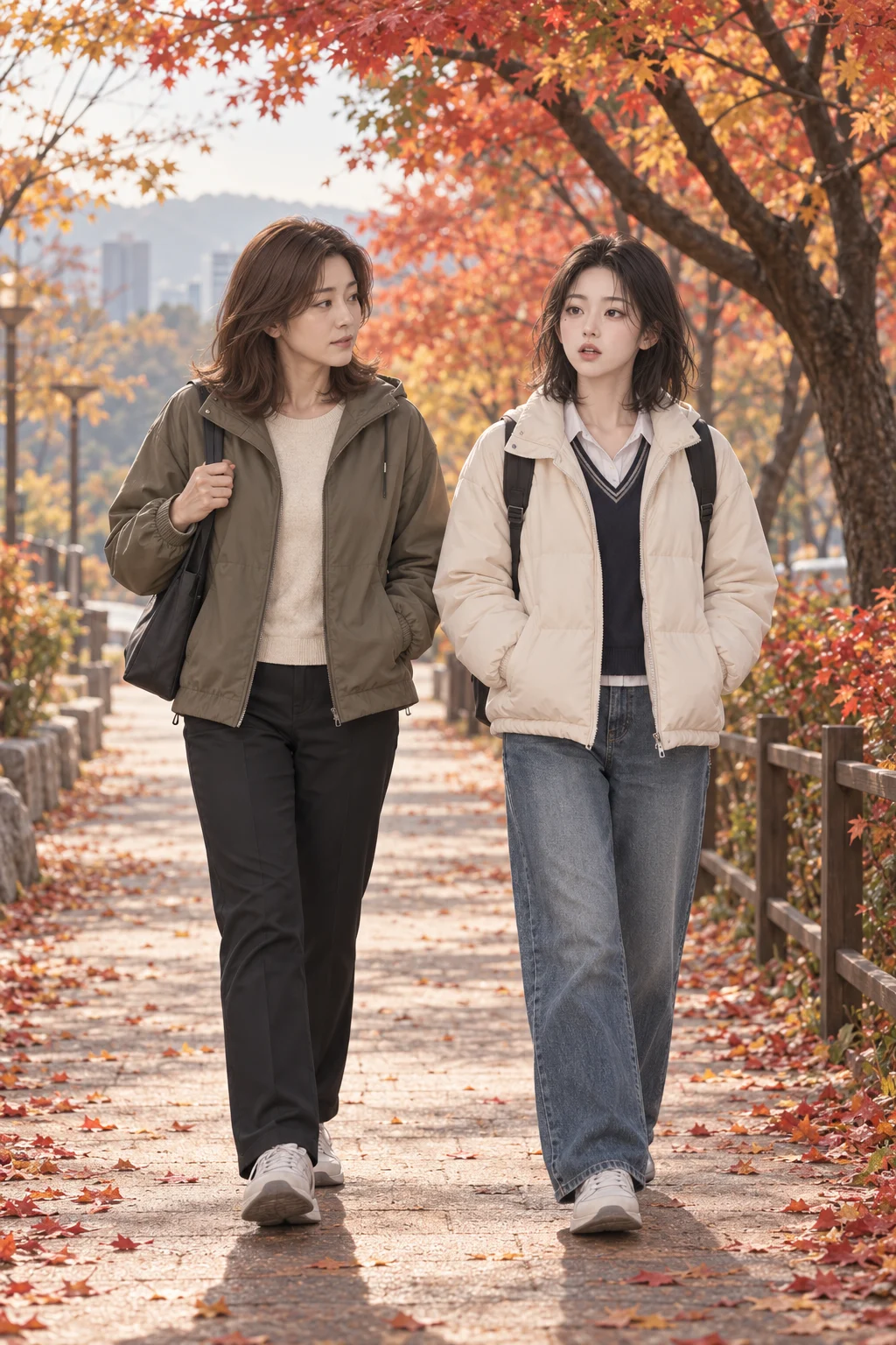 단풍길에서 — 서진과 민아가 나란히 걷는다. 민아가 발표가 한 달 남았다고 말한다.
