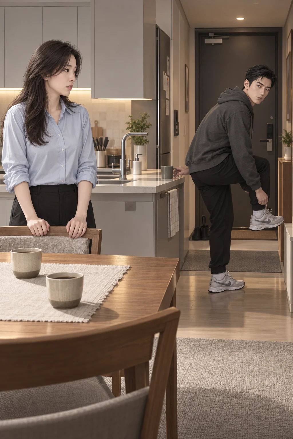 아침의 약속 — 유나는 식탁 옆에 서서 민석을 바라보며 말을 꺼내요. 민석은 현관에서 운동화를 신으며 컵을 싱크대 쪽으로 밀어 놓아요.