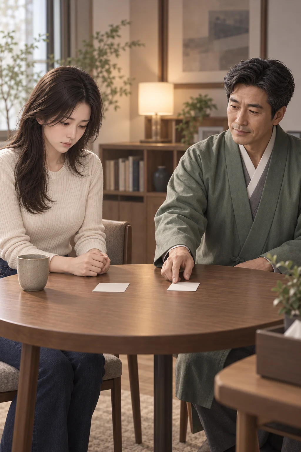 순서를 나누다 — 유나는 테이블 위 빈 카드 두 장을 내려다봐요. 청운 선생은 카드 하나를 유나 쪽으로 밀어 놓고, 다른 카드와 간격을 두어요.