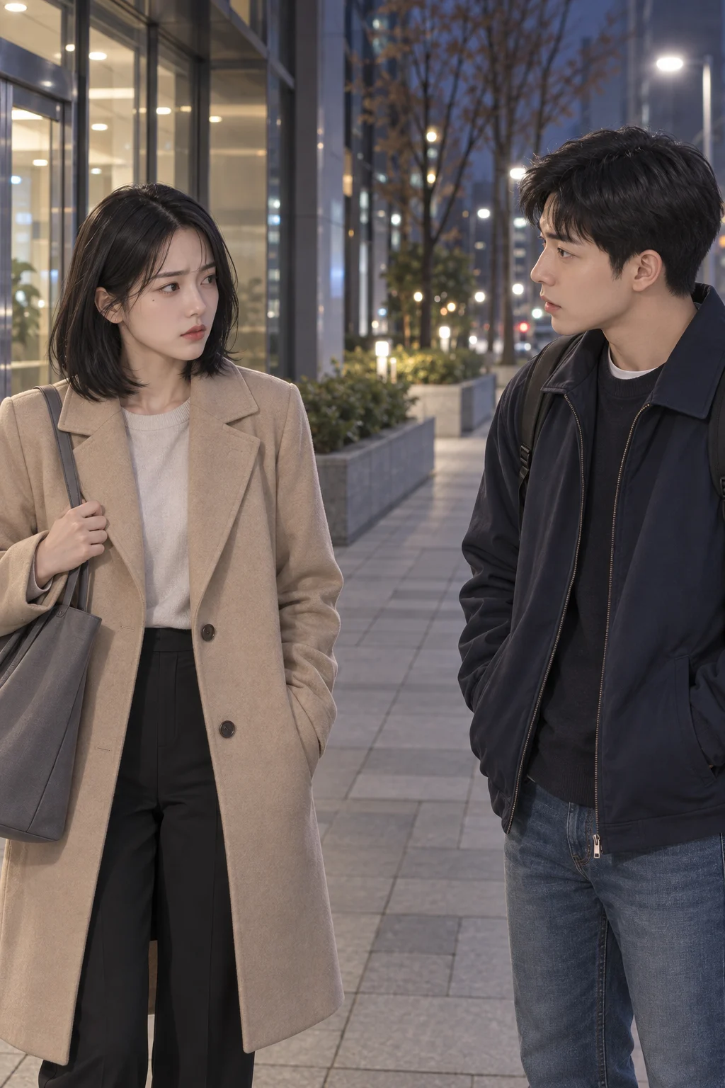 천천히 걷는 쪽 — 지우가 걸음을 늦추며 민재에게 혼자 쉬는 저녁도 필요하다고 말한다.