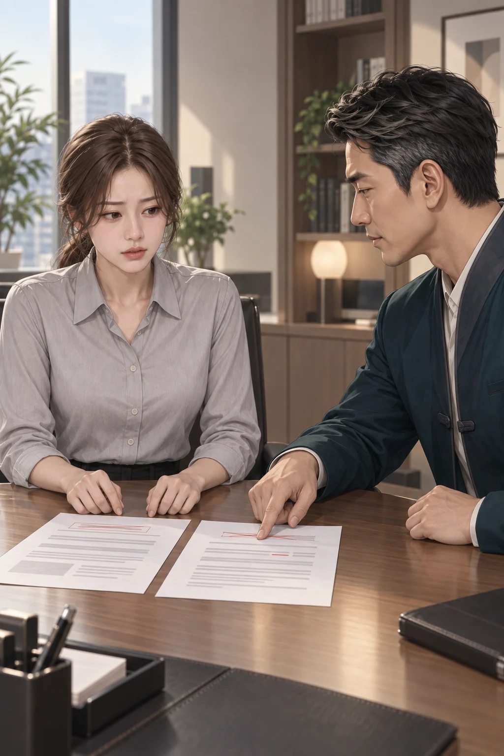 끝내 한마디가 나왔어요 — 서하가 원본과 바뀐 종이를 책상 위에 나란히 놓아요. 백호 선생은 제목이 달라진 부분을 손끝으로 가리켜요.