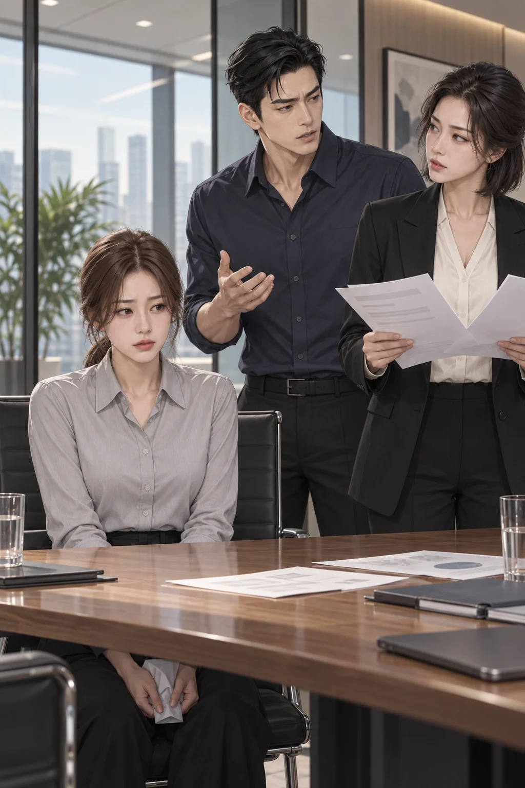 빠진 수치를 찾았어요 — 은정이 발표 자료에서 빠진 수치를 찾고, 준석은 빠진 이유를 설명해요. 서하는 테이블 아래에서 원본 종이를 접어 쥐고 있어요.