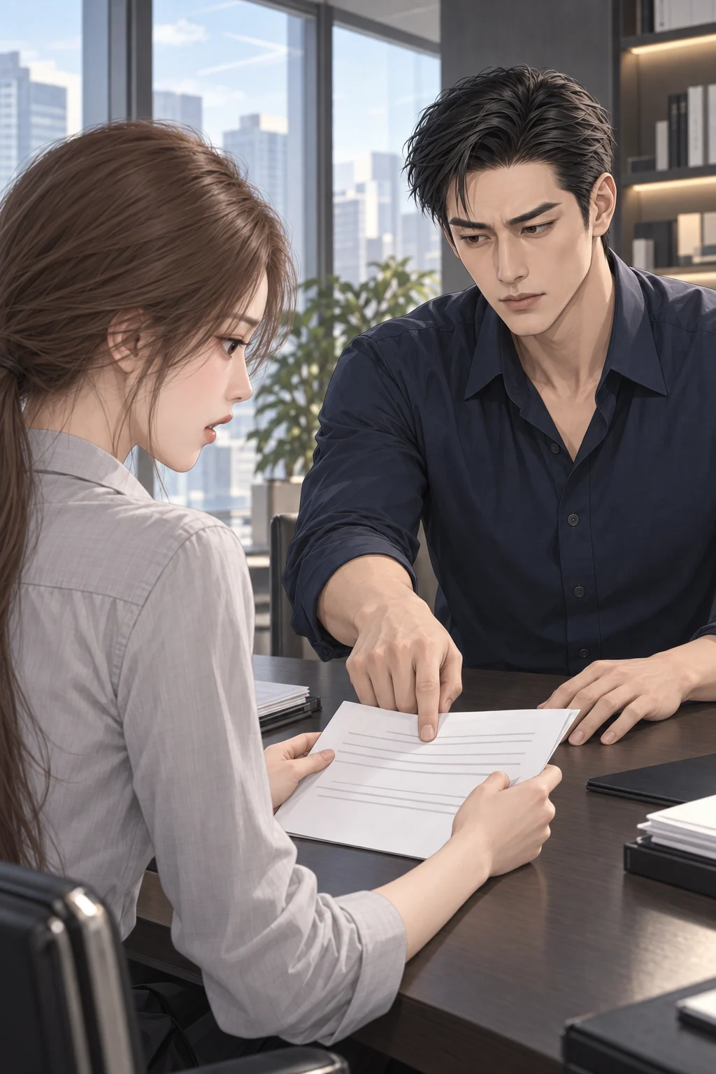 이대로 가자고 했어요 — 서하가 수정된 인쇄물을 읽다가 원래 제목을 말하려고 해요. 준석은 맞은편에서 그 종이의 바뀐 부분을 손가락으로 눌러요.