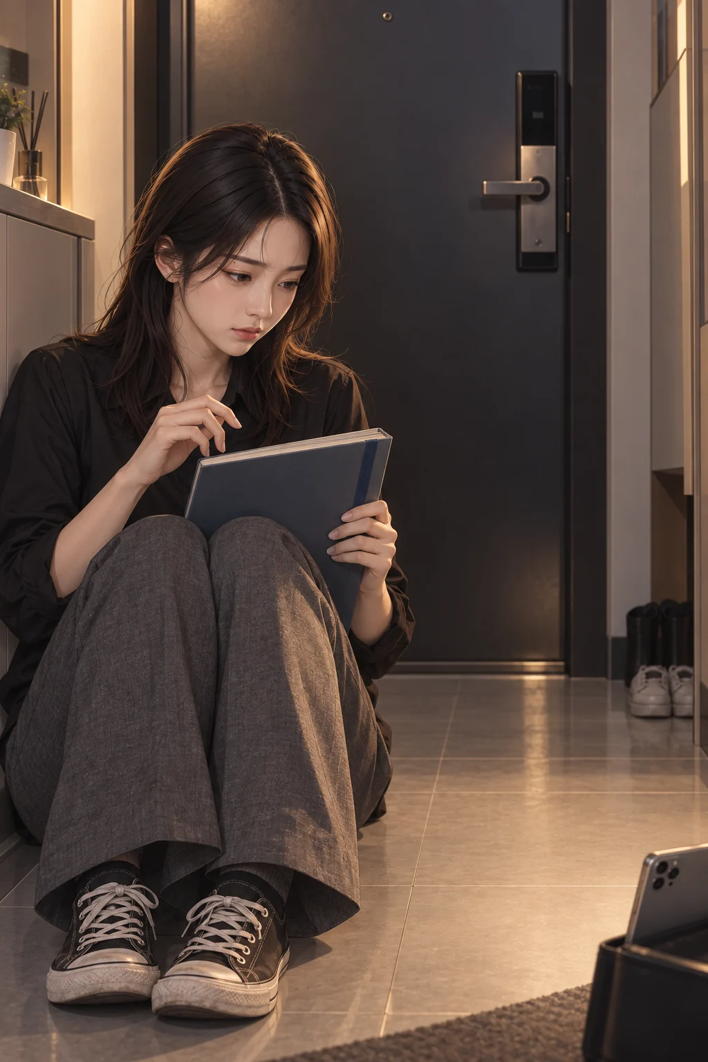 이번에도 문 앞에서 — 지혜가 현관 바닥에 앉아 교재를 무릎 위에 세워 두고, 왼손으로 책장을 잡은 채 오른손을 책 위에 멈춰요. 휴대전화 타이머 화면은 카메라 반대쪽을 향해 있어 보이지 않아요.