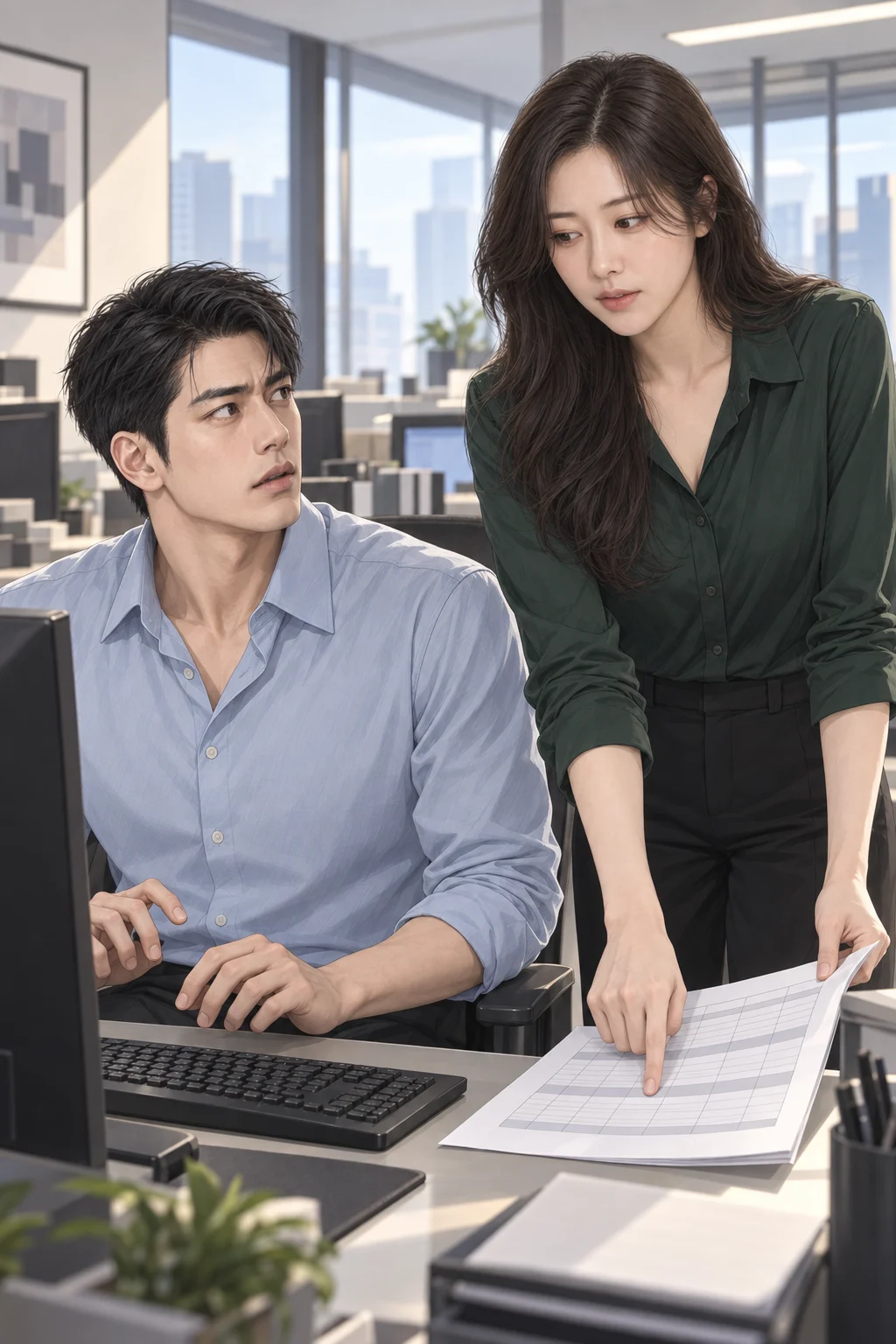 — 수아가 인쇄한 당번표를 민준의 키보드 앞에 놓고 토요일 칸을 손끝으로 짚어요.