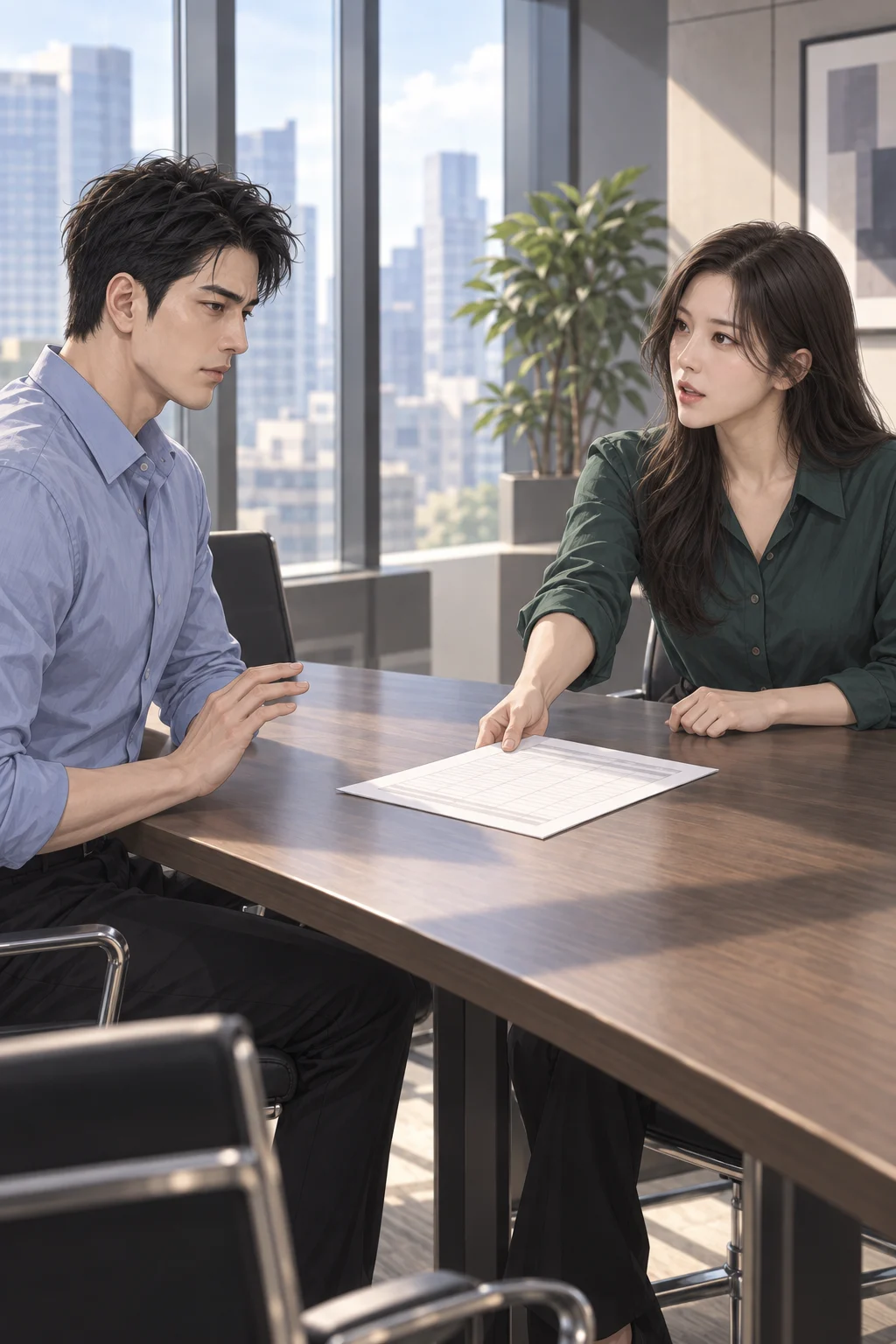 — 수아가 회의 테이블 가운데 당번표를 펼치며 민준 쪽을 보고 토요일 당번을 맡는다고 말해요.