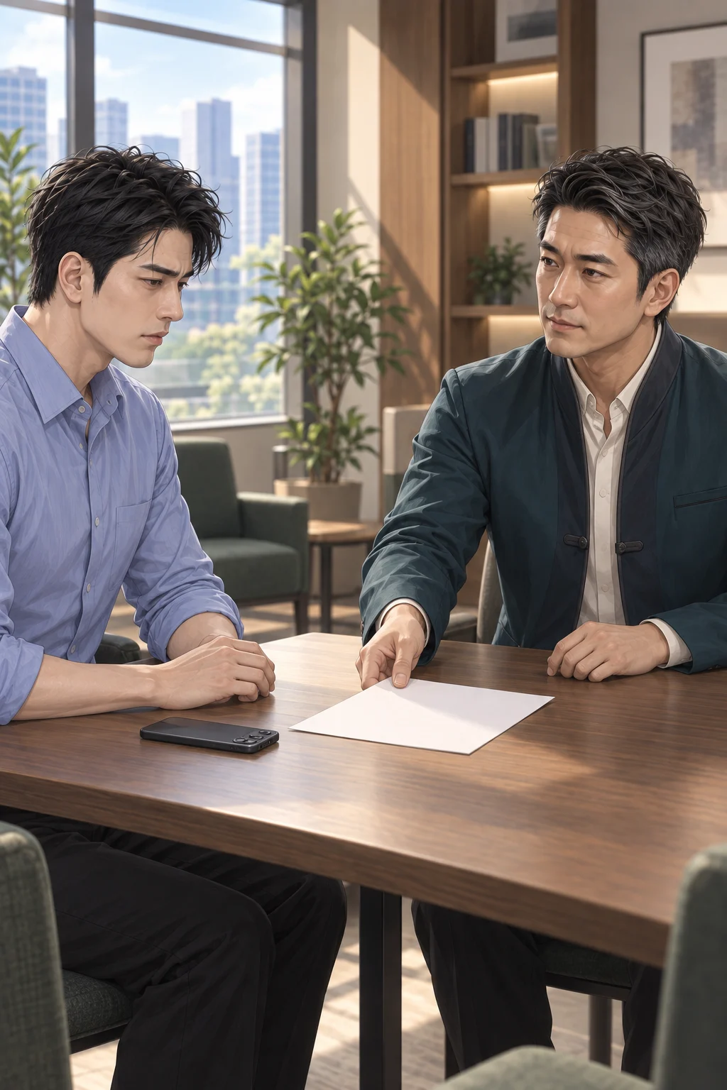 — 민준은 휴대전화를 테이블 위에 뒤집어 놓은 채 보내지 않은 문장을 입 밖에 내고, 백호 선생은 휴대전화 옆의 메모지를 민준 쪽으로 살짝 밀어요.