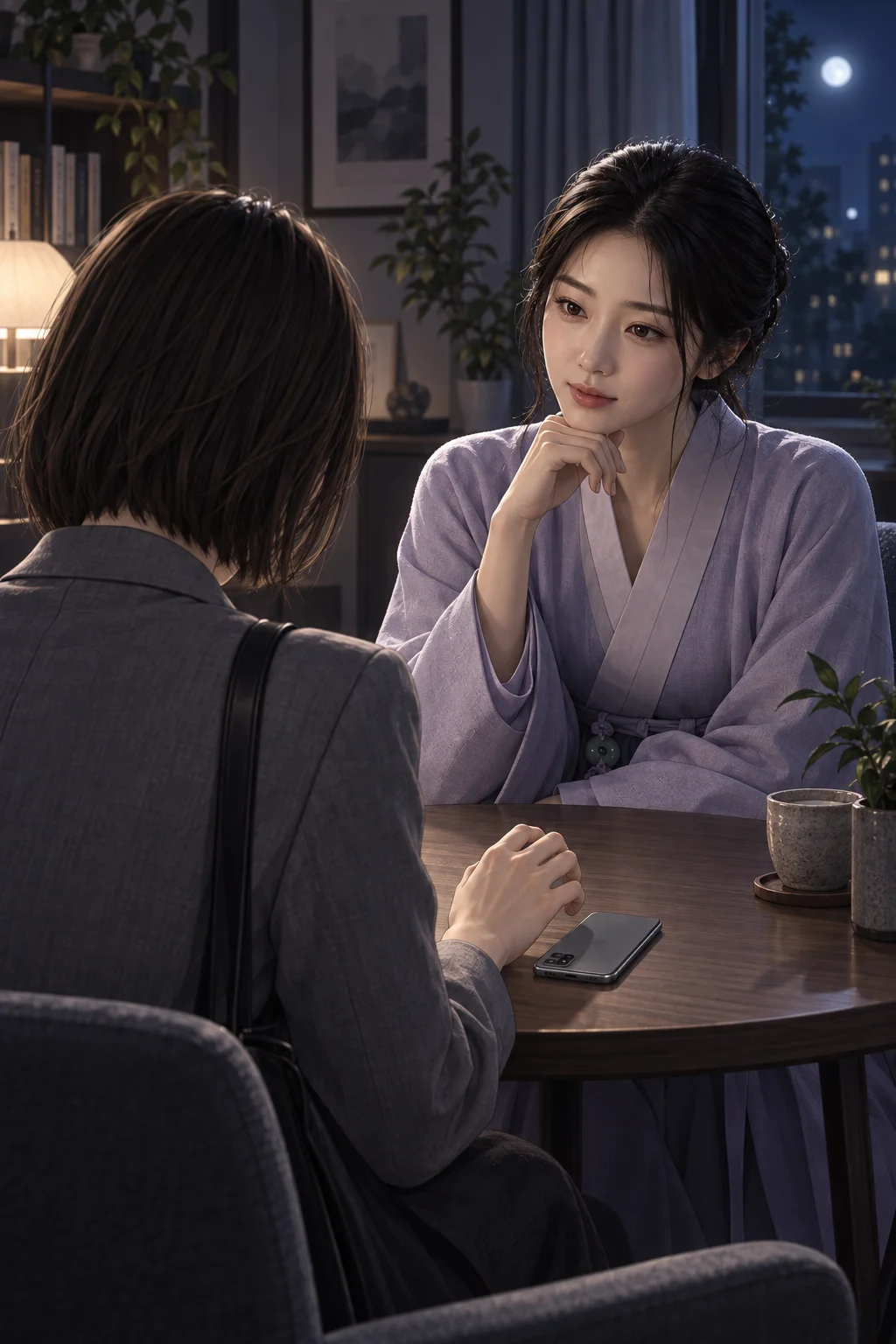 남은 몸의 감각 — 지민이 휴대전화를 테이블 위에 엎어 놓고 손을 거둔다. 달빛 선녀가 그 손과 휴대전화를 바라보며 질문한다.