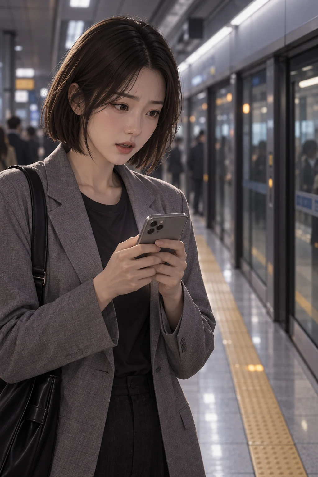 말끝에 남은 것 — 지민이 휴대전화를 가슴 앞에 든 채 화면을 보다가 고개를 든다.