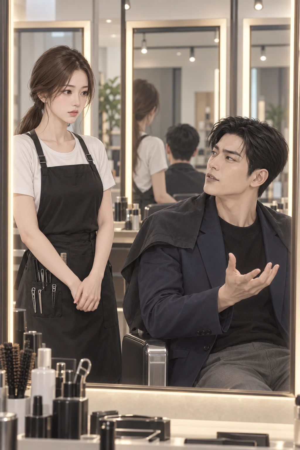 거울 앞에서 — 유나는 미용 의자 옆에 서 있고, 손님은 거울 앞 의자에 앉아 연락처를 묻는다.
