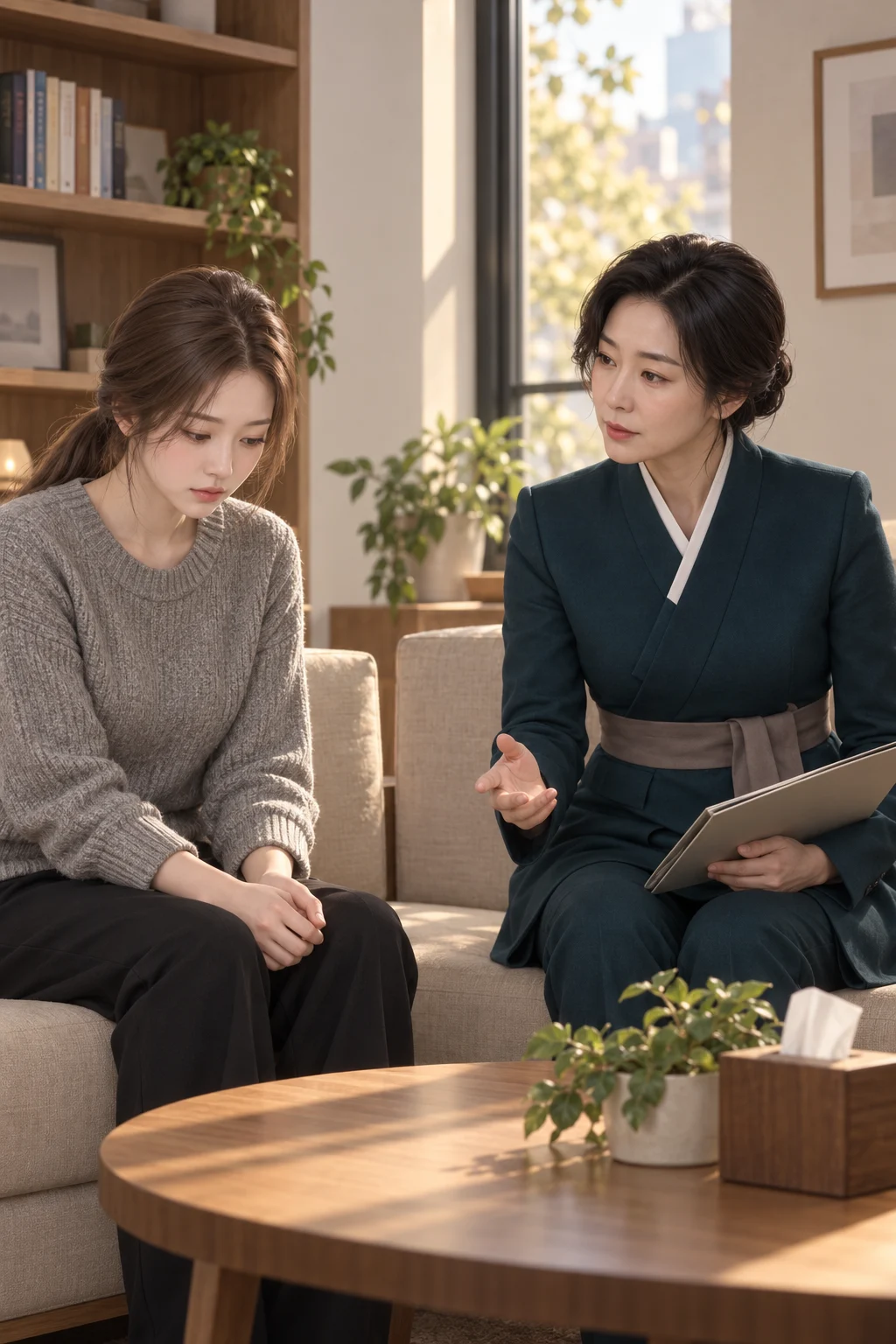 거절 뒤에도 — 수호 선생이 손님의 요구를 다시 짚고, 유나는 고개를 숙인 채 듣는다.