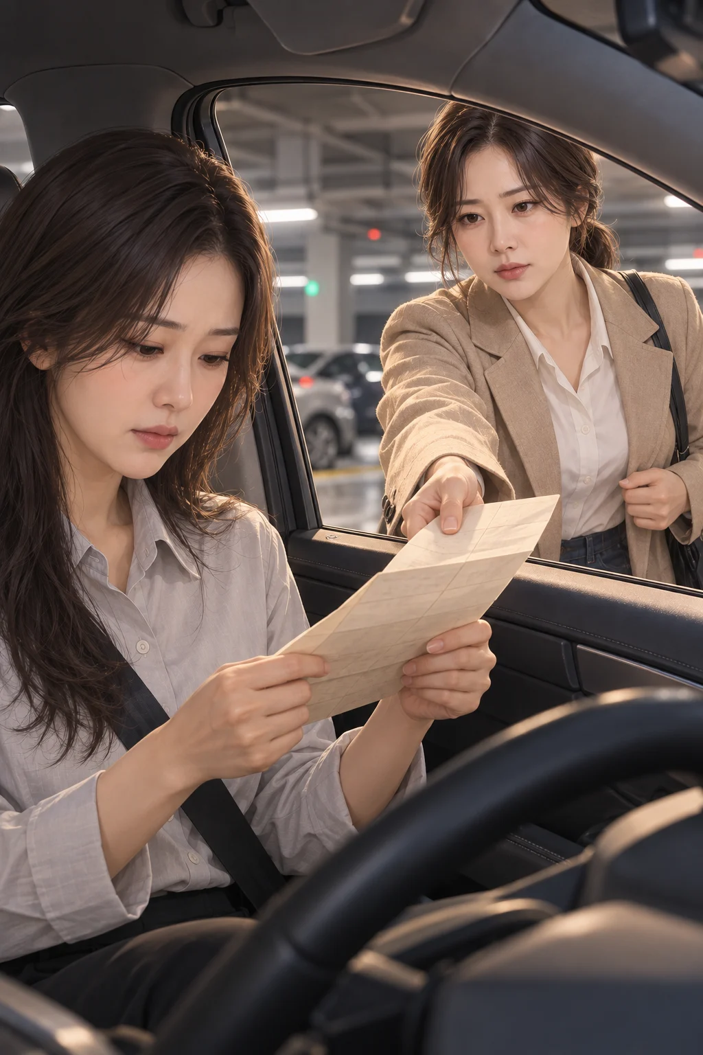 창문으로 밀어 넣은 종이 — 민지가 운전석 창문 안으로 토정비결 풀이 종이를 밀어 넣고, 다현이 두 손으로 종이를 받아요.