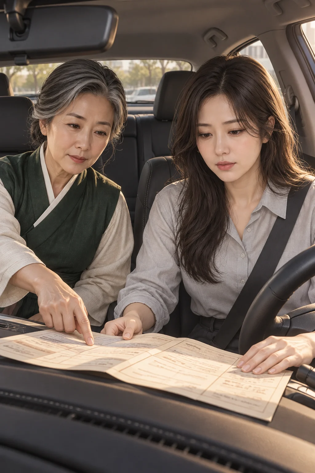 종이를 펼친 차 안 — 다현이 대시보드 위에 접힌 토정비결 풀이 종이를 펴고, 상담가가 조수석에서 종이의 한 줄을 손끝으로 가리켜요.