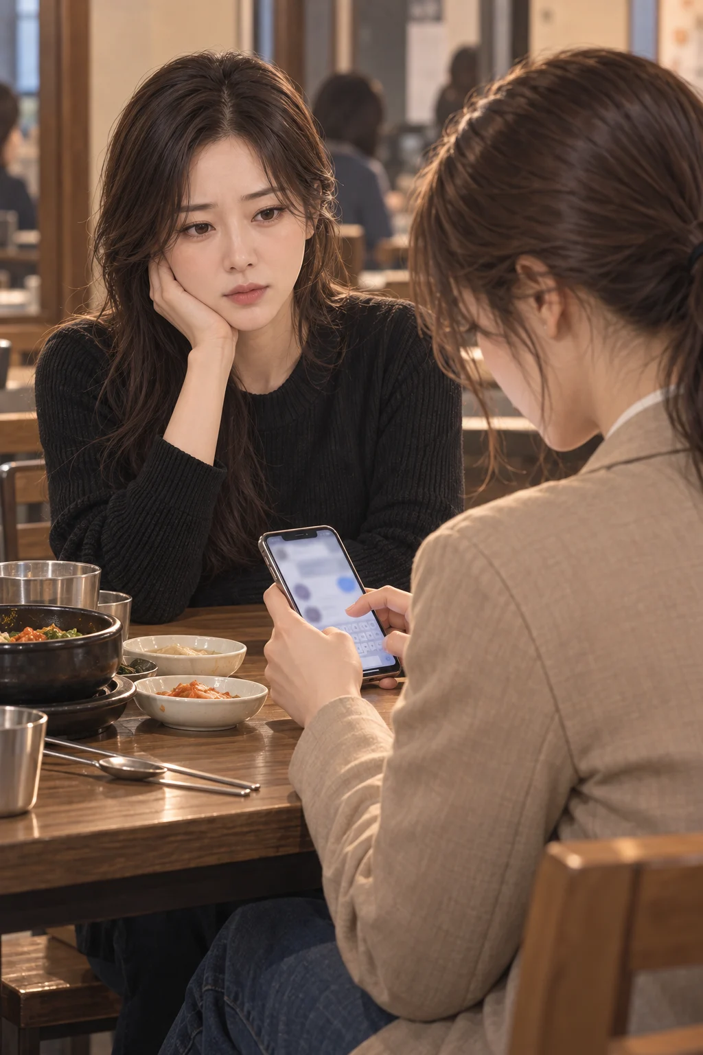 대신 보낸 불참 통보 — 민지가 휴대전화 화면을 눌러 단체 대화방에 다현의 불참 소식을 보내고, 다현이 그 손을 바라봐요.