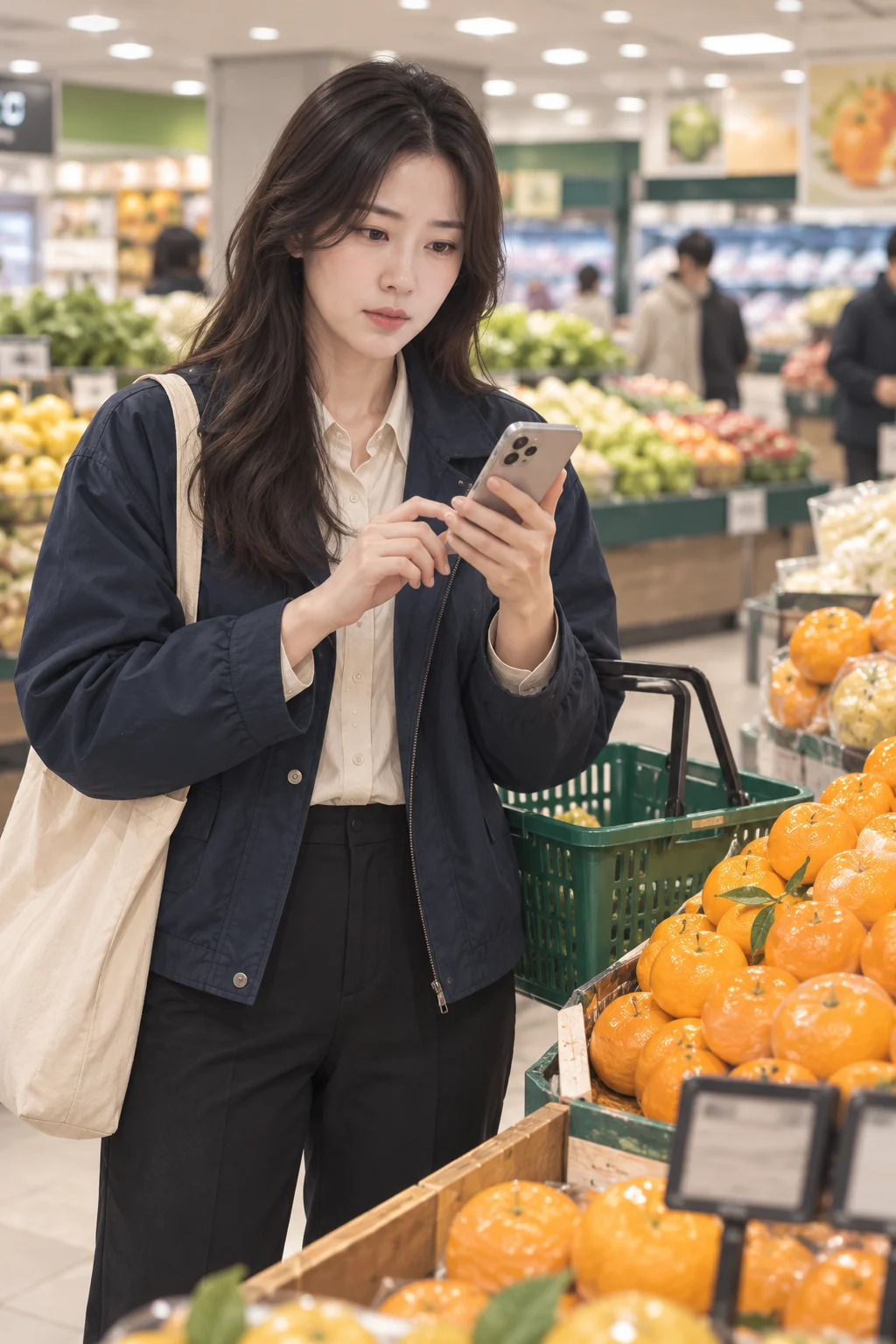 귤 옆의 번호 — 지우가 귤 진열대 앞에서 휴대전화의 행운 번호 화면을 바라봐요.