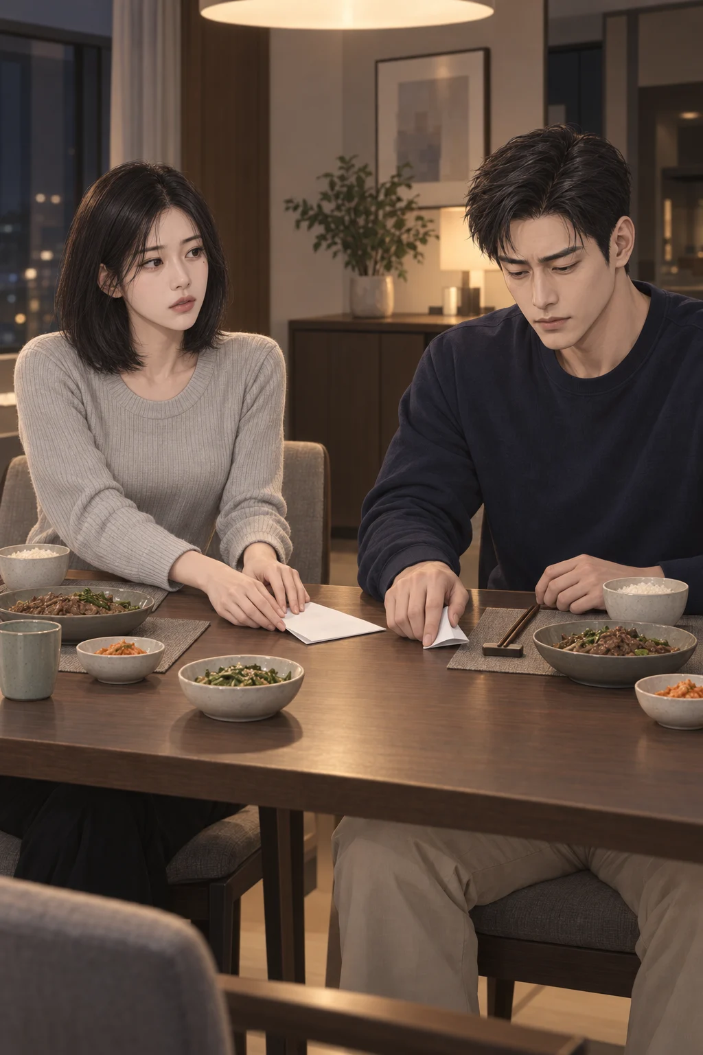 말을 꺼낸 자리 — 민아가 검사 안내문을 식탁 가운데 밀어 놓자 도윤은 젓가락을 내려놓고 안내문을 접어 그릇 옆으로 밀어요.