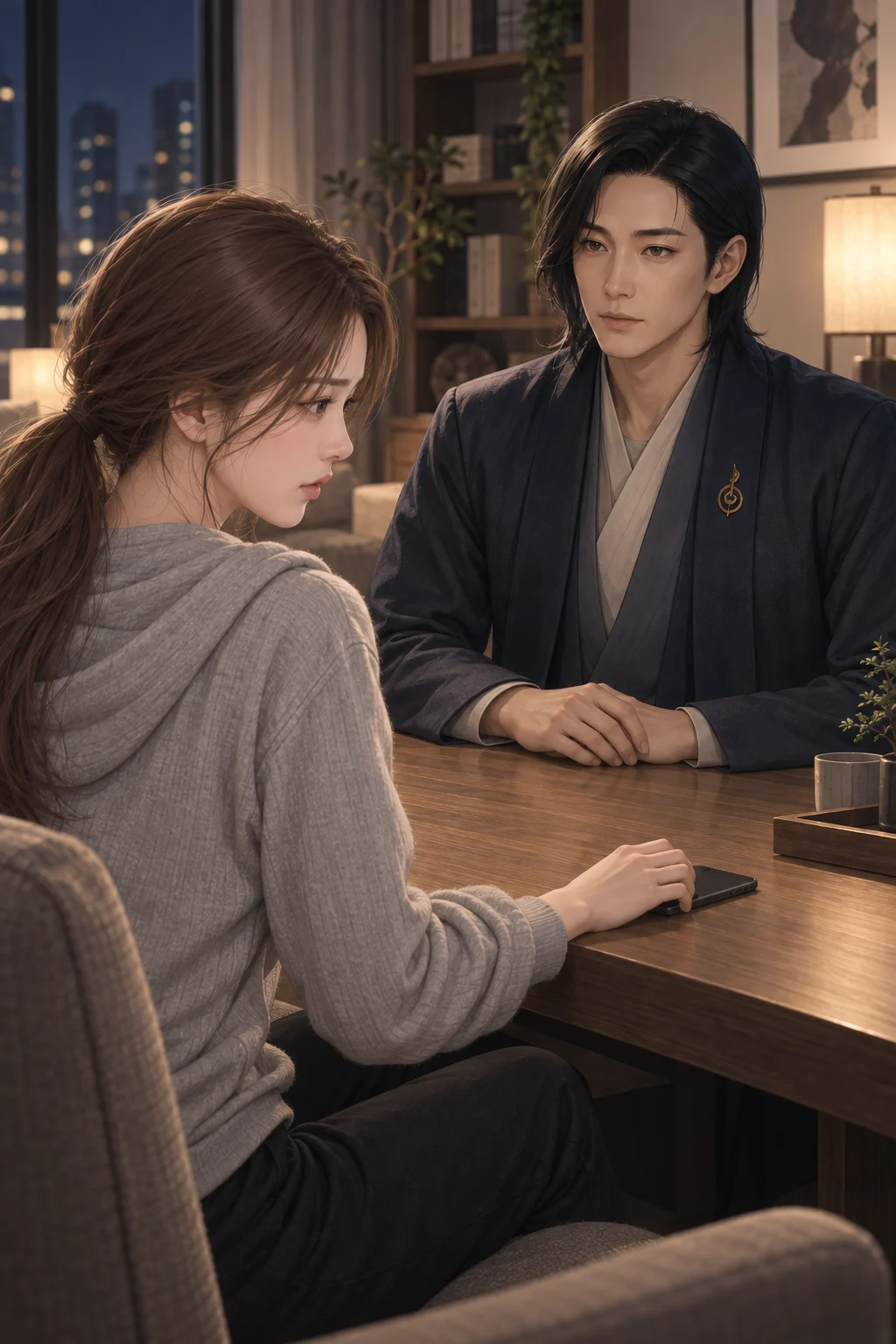묻지 않은 말 앞에서 — 수아가 휴대전화를 테이블 위에 뒤집어 놓고, 해월 도사는 맞은편에서 손을 내려놓은 채 수아의 말을 기다려요.