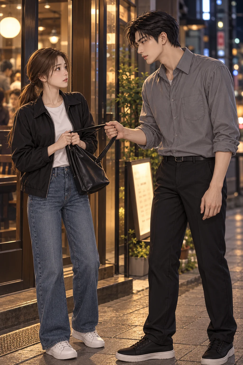 가방을 가져가려던 밤 — 도현이 민서의 가방 끈을 잡아 자기 쪽으로 당겨요. 민서는 가방 손잡이를 놓지 않아요.