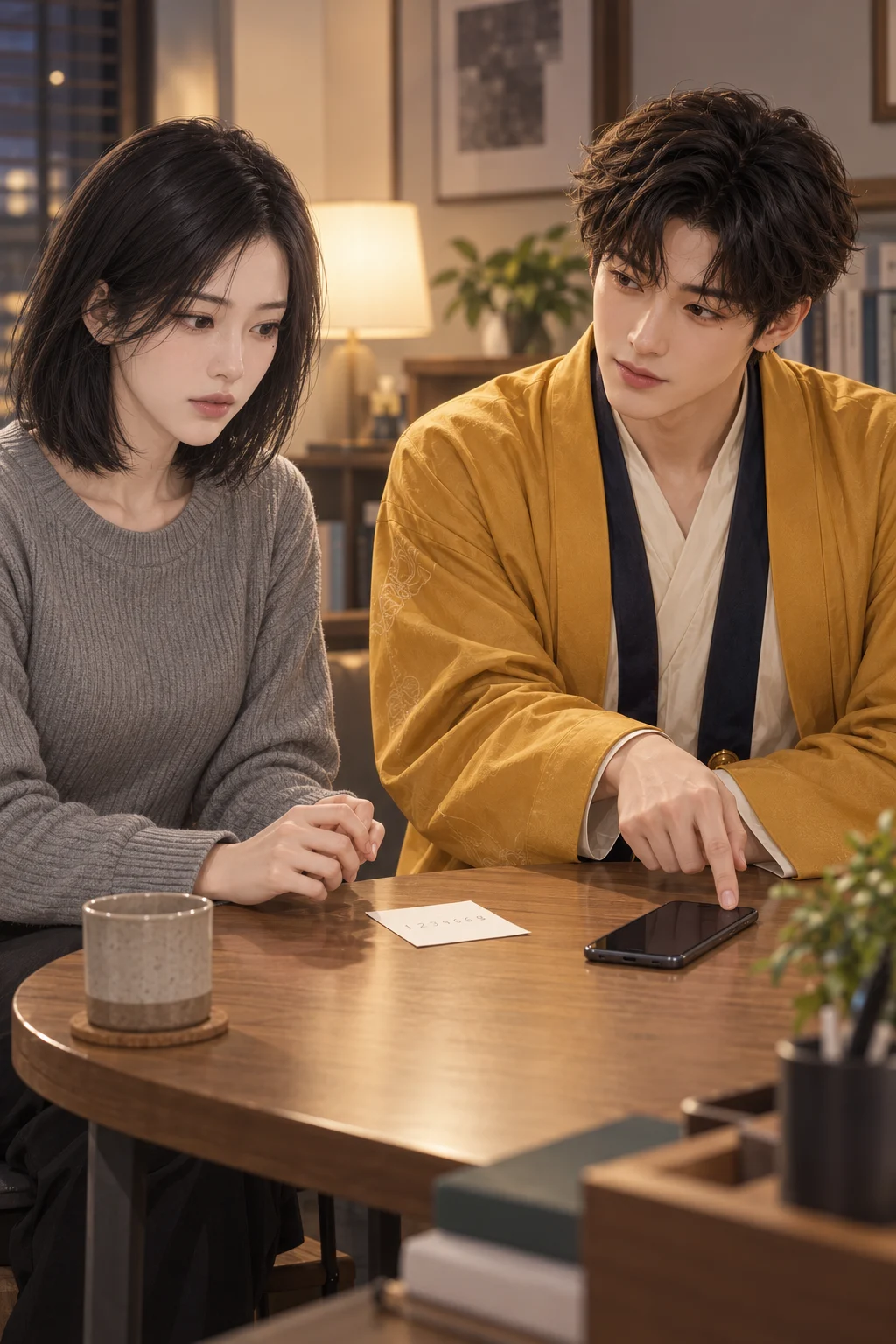 숫자보다 먼저 — 민서가 숫자가 적힌 메모지를 테이블 위에 내려놓고, 황금 동자가 메모지 옆의 빈 휴대전화 화면을 가리킨다