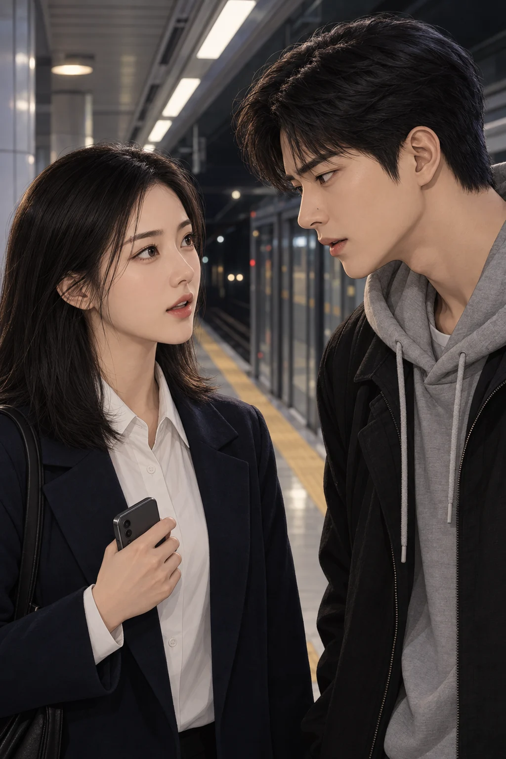 말이 터진 밤 — 도현이 한 걸음 다가가서 지수의 말을 되묻는다. 지수는 휴대전화를 쥔 손에 힘을 주고, 시선을 피하지 않은 채 입을 연다.