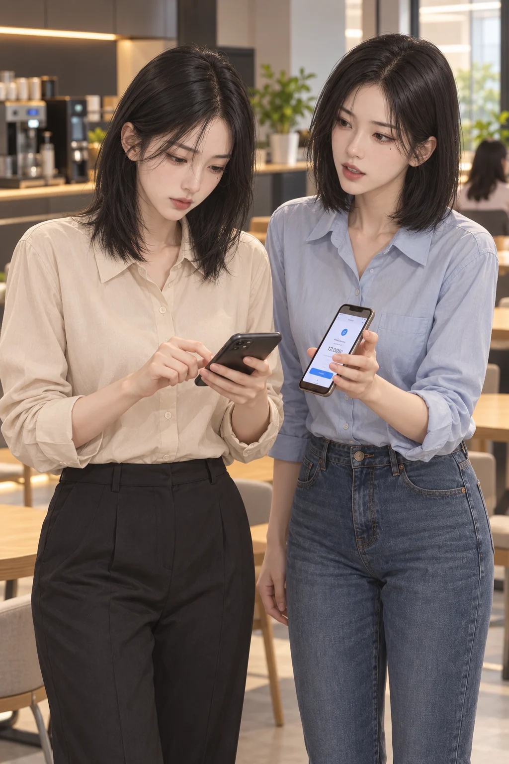 먼저 보낸 송금 — 민정이 휴대전화로 송금 금액을 보여 주고, 수아가 자기 휴대전화에서 바로 송금 버튼을 눌러요.
