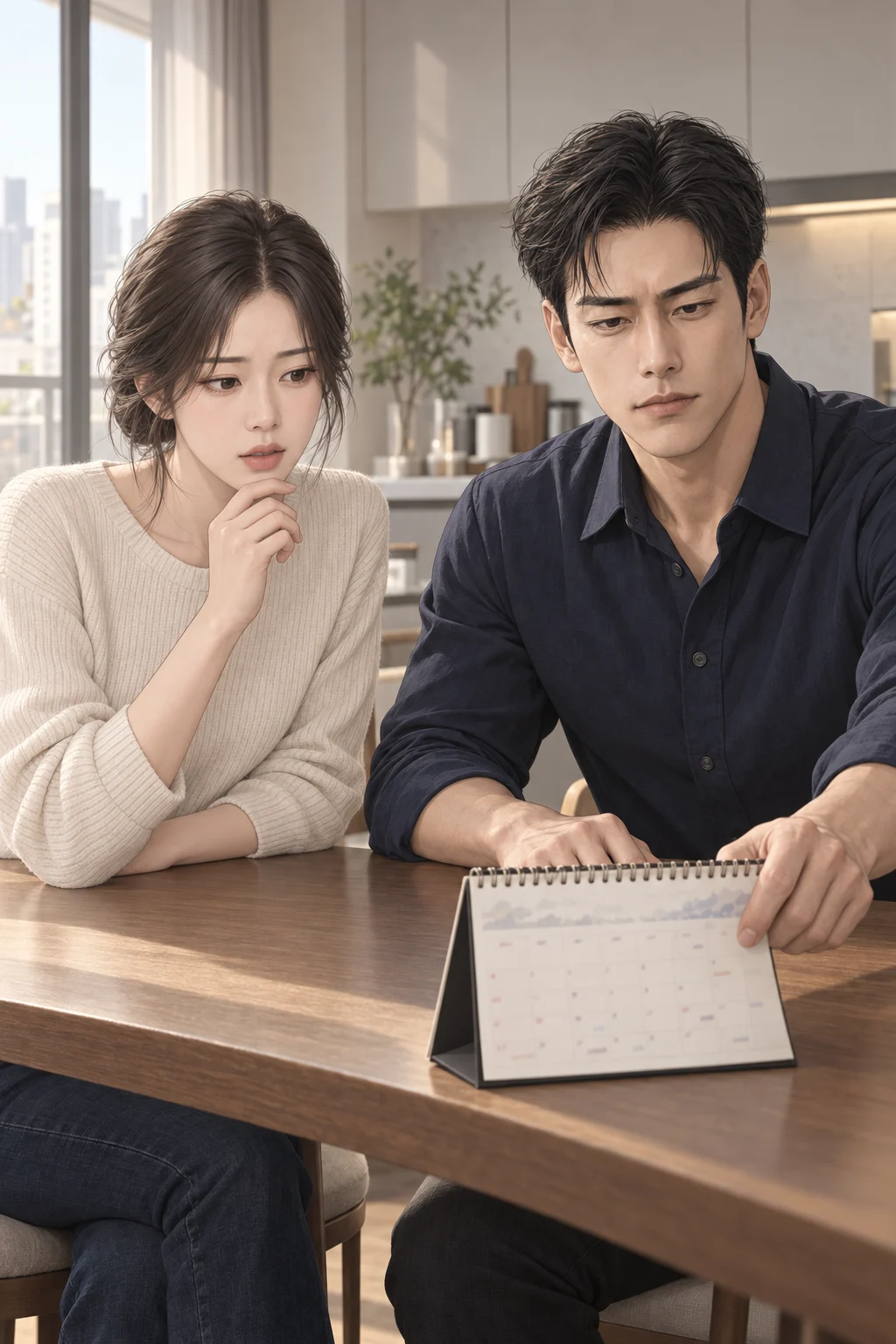 날짜가 먼저 정해진 아침 — 서연이 식탁 위 달력을 보며 입을 열자 민호가 달력을 자기 쪽으로 끌어옵니다.