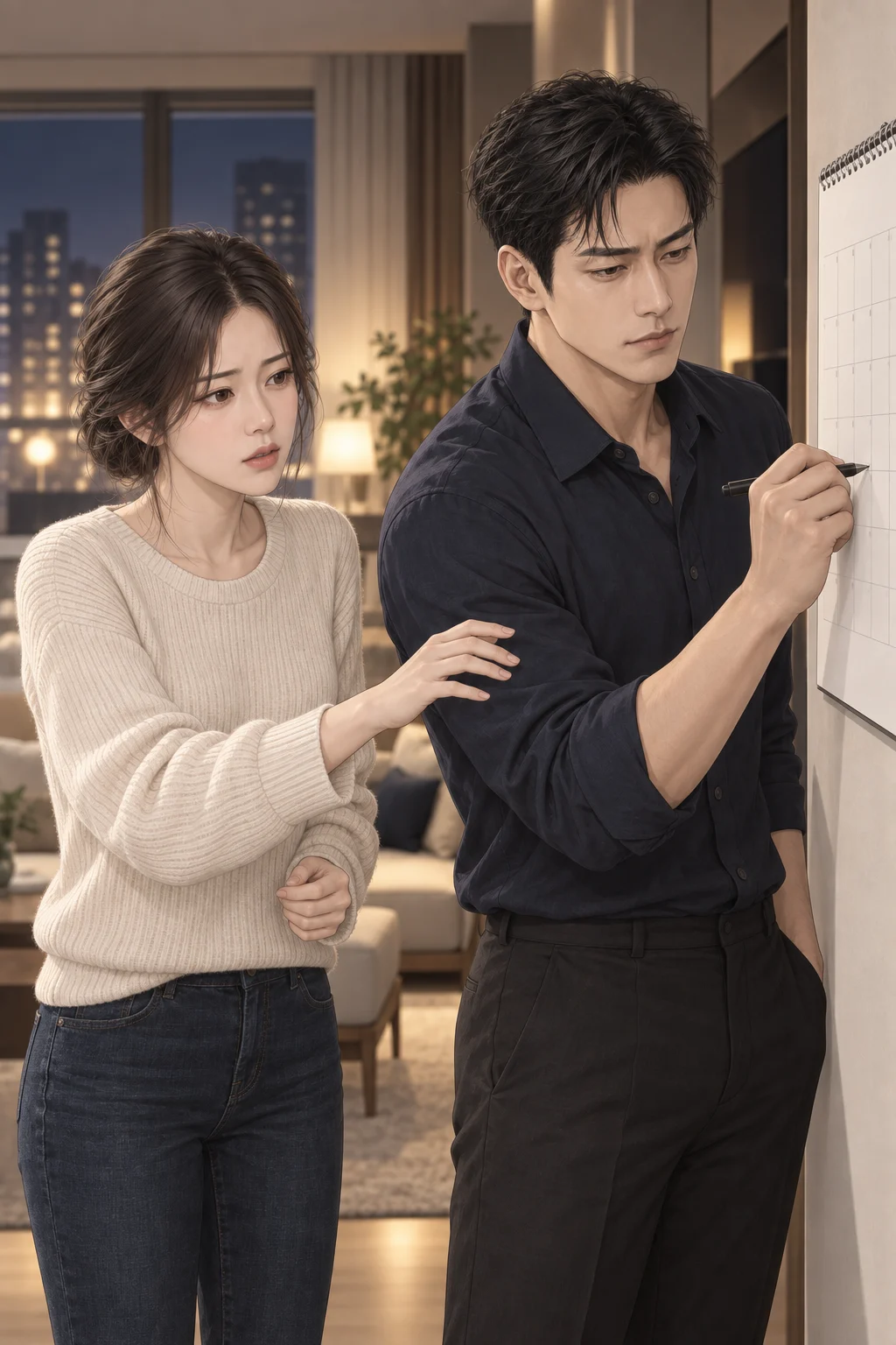 펜이 먼저 움직인 저녁 — 서연이 달력의 토요일 칸 앞에서 펜을 들자 민호가 펜을 먼저 가져가 날짜를 적습니다.