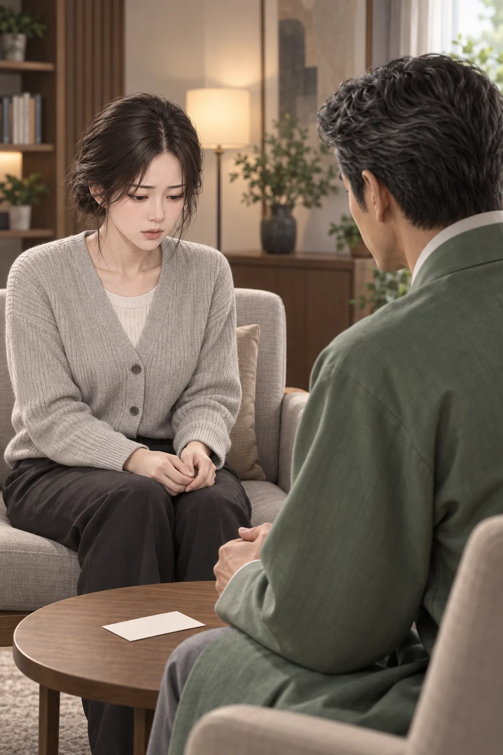 접힌 문장 하나 — 서연이 말을 시작하다가 손을 오므려 무릎 위에 놓고, 청운 선생이 그 손을 바라봐요.
