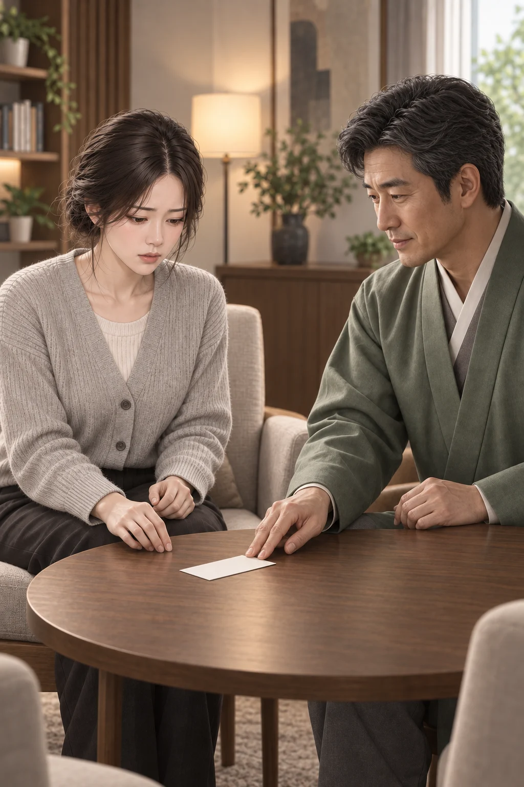 끝까지 놓지 못한 말 — 청운 선생이 빈 카드를 서연 쪽으로 밀고, 서연의 손이 카드 가장자리 앞에서 멈춰요.