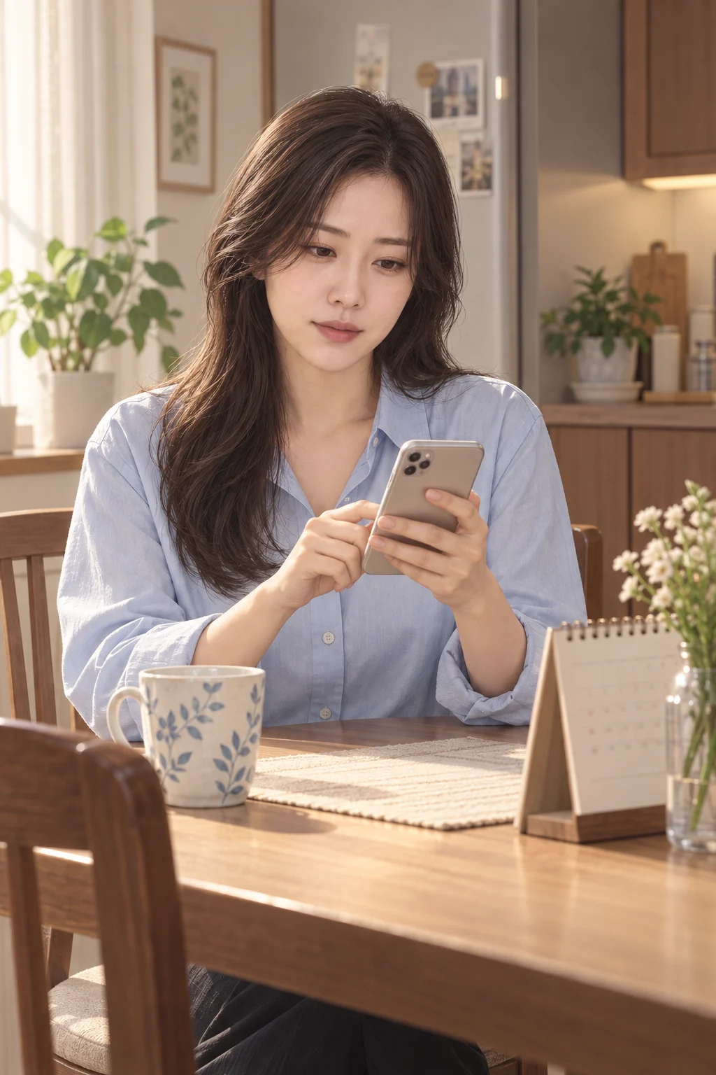 생일 아침 — 식탁에 앉아 휴대전화 메시지를 읽고 답장을 보낸다.
