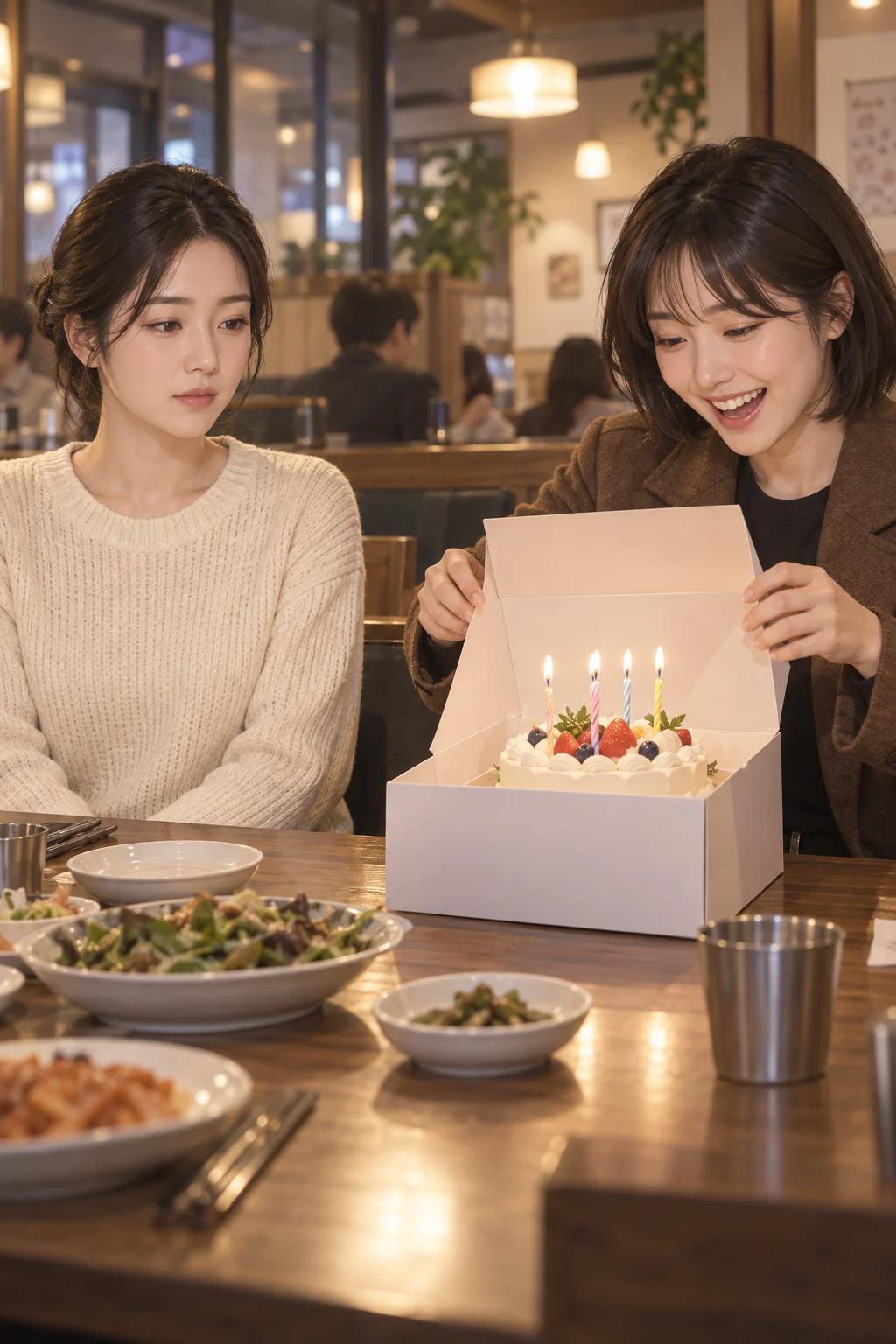 작년 저녁 — 친구가 케이크를 꺼내고 유진은 식탁 앞에 앉아 있다.