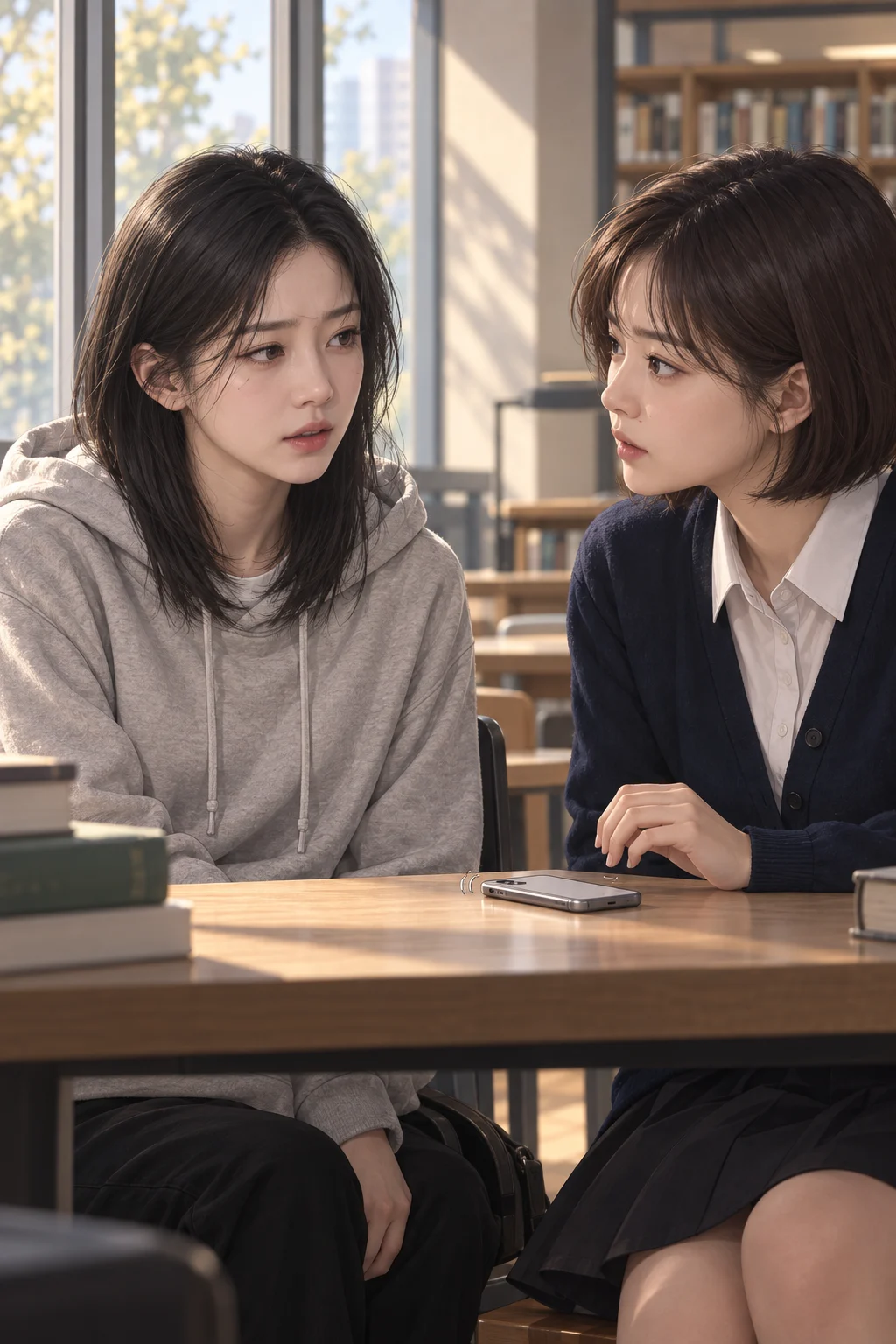 끝내 튀어나온 말 — 휴대전화가 짧게 진동하지만 지민은 손을 뻗지 않는다. 대신 다온 쪽을 바라보며 숨겨 두었던 말을 내뱉는다.