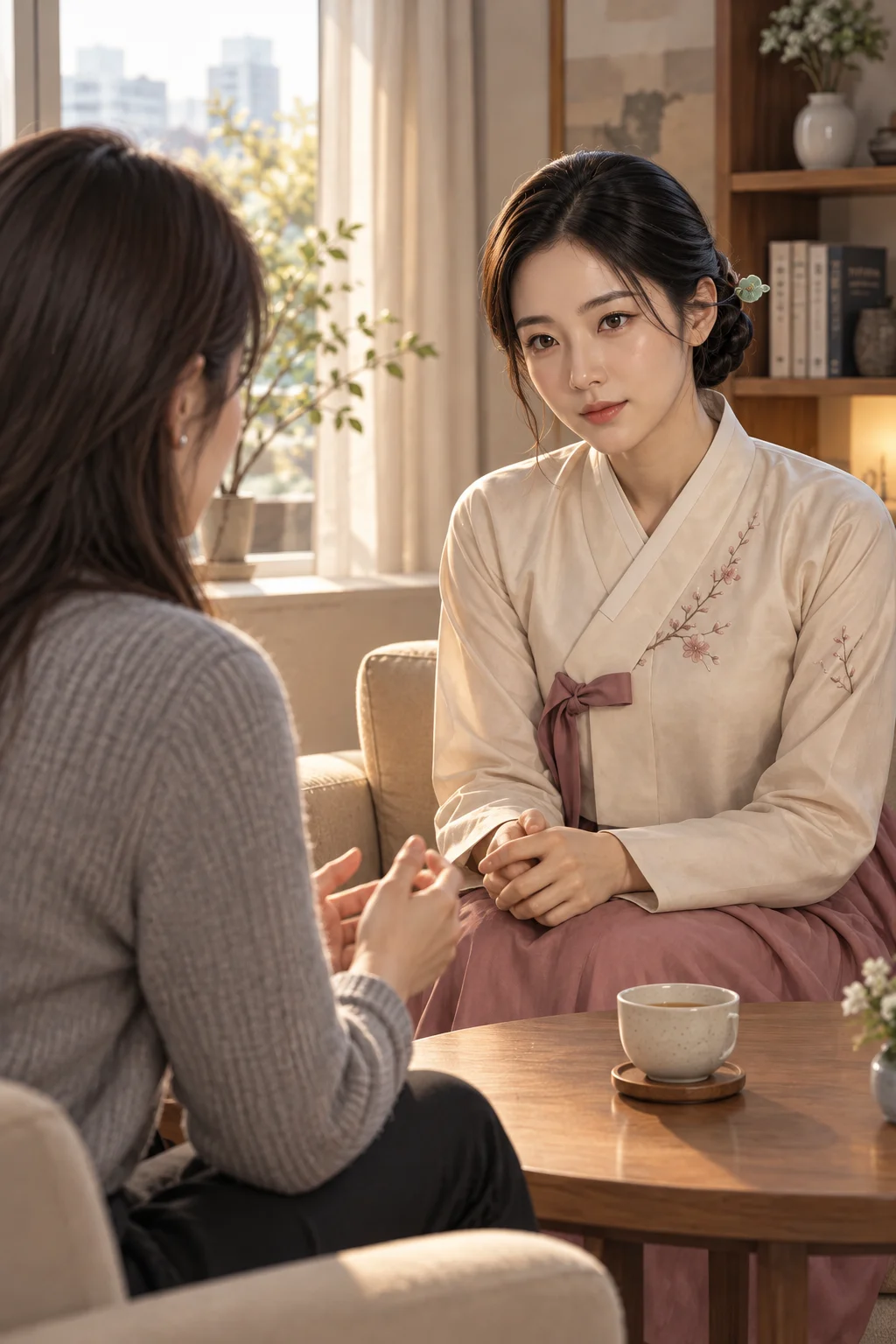 끝나지 않은 말 — 지수가 연화 신녀를 바라보며, 고백 뒤에 대답하지 못했다고 말한다. 연화 신녀는 그 말을 듣는다.