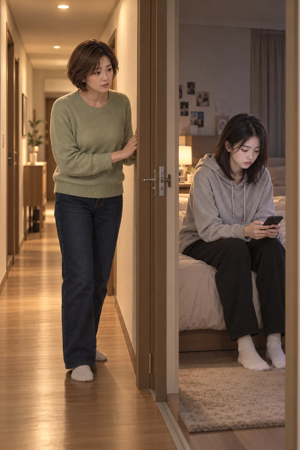 불 꺼진 복도 — 엄마가 방문을 열고 아직 깨어 있는 민서를 봐요.