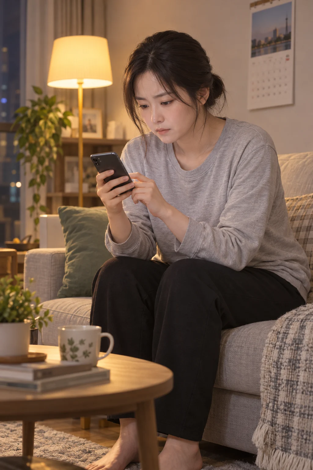 이번 주도 옮겨요 — 지우가 소파 끝에 앉아 휴대전화로 비상금 통장에서 생활비 통장으로 이체한다.