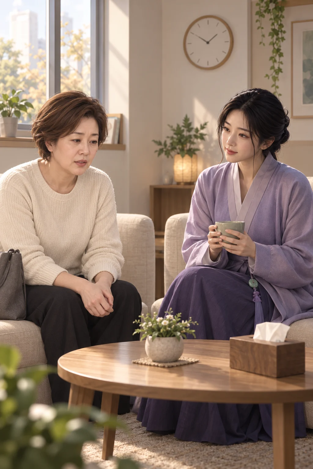 말이 목에 걸려 — 수진이 상담실에서 그날 삼킨 말을 꺼내고 달빛 선녀가 조용히 듣는다.