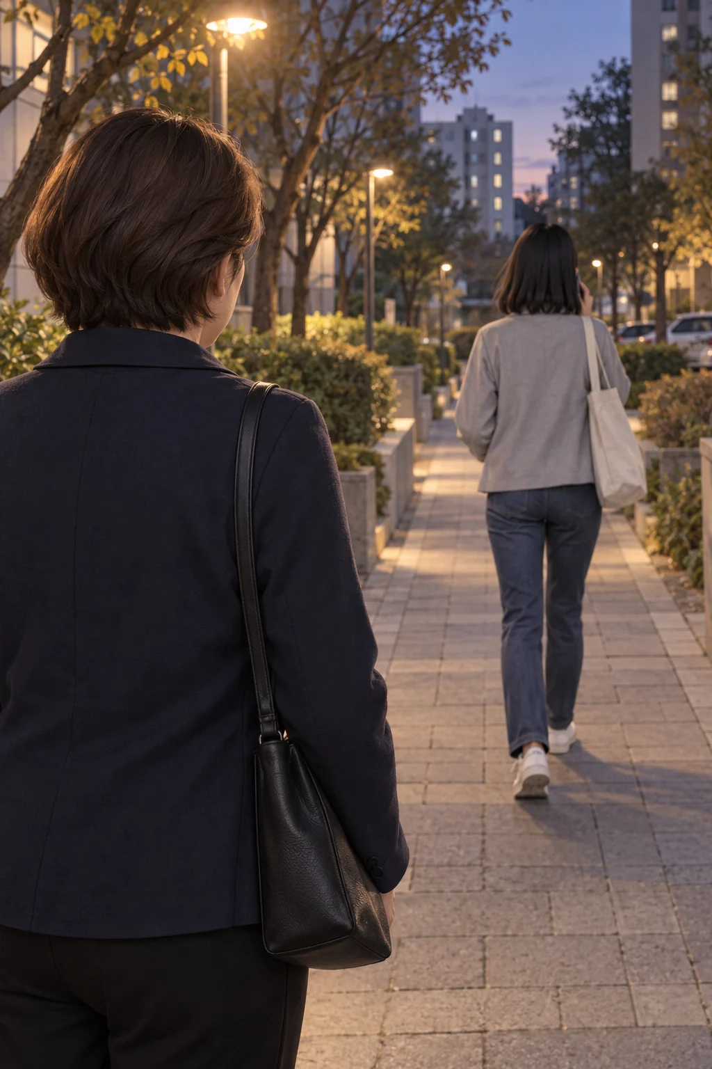 늦춘 발걸음 — 수진이 딸의 보폭에 맞추려다 멈춰 선다.